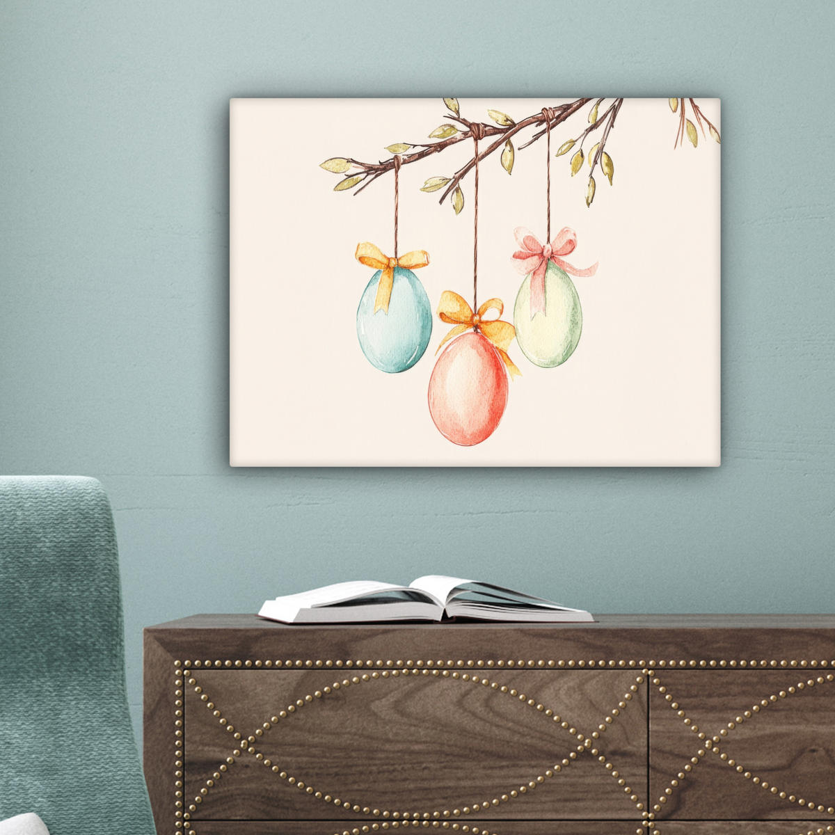 LEINWANDBILD Osterkuchen - Schleife - Eier Wandbild 40x30 cm - Creme, Textil (40/30cm) - MuchoWow