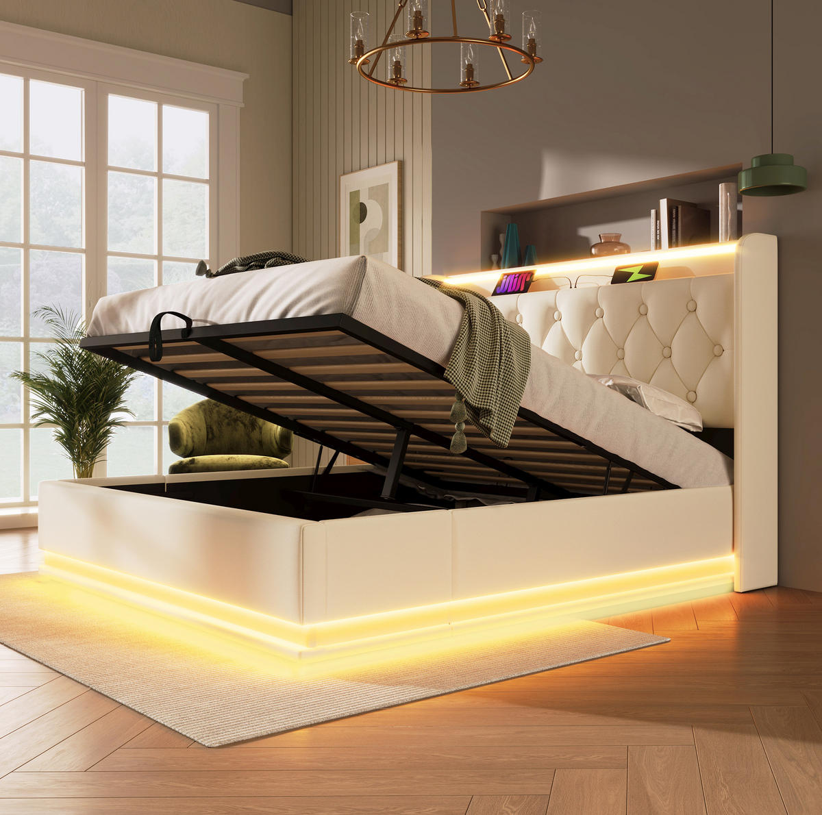 POLSTERBETT aus Kunstleder 160x200 cm in Weiß mit LED-Beleuchtung & USB-C-Ladefunktion - Weiß, Leder (160/200cm) - Modfu
