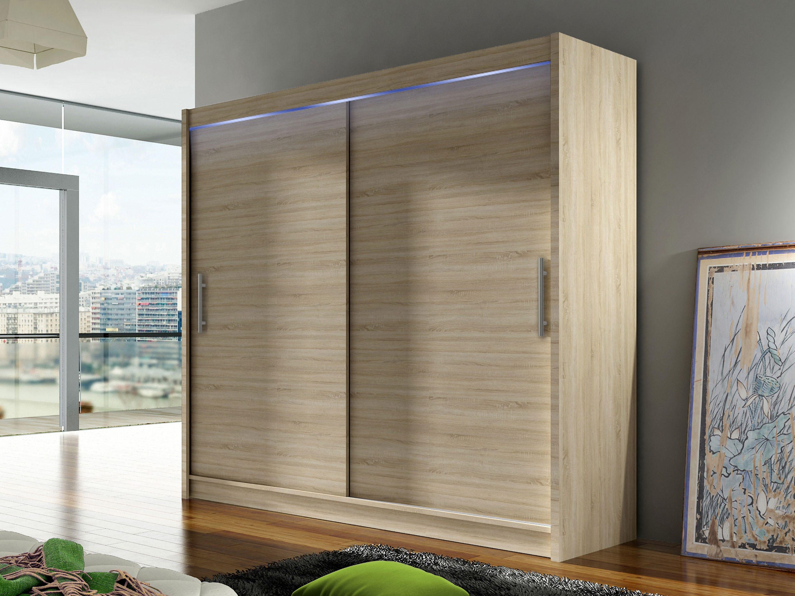 KLEIDERSCHRANK London I 180, mit RGB LED Beleuchtung - Silberfarben/Sonoma Eiche, Holzwerkstoff/Kunststoff (180/215/58cm) - MIRJAN24