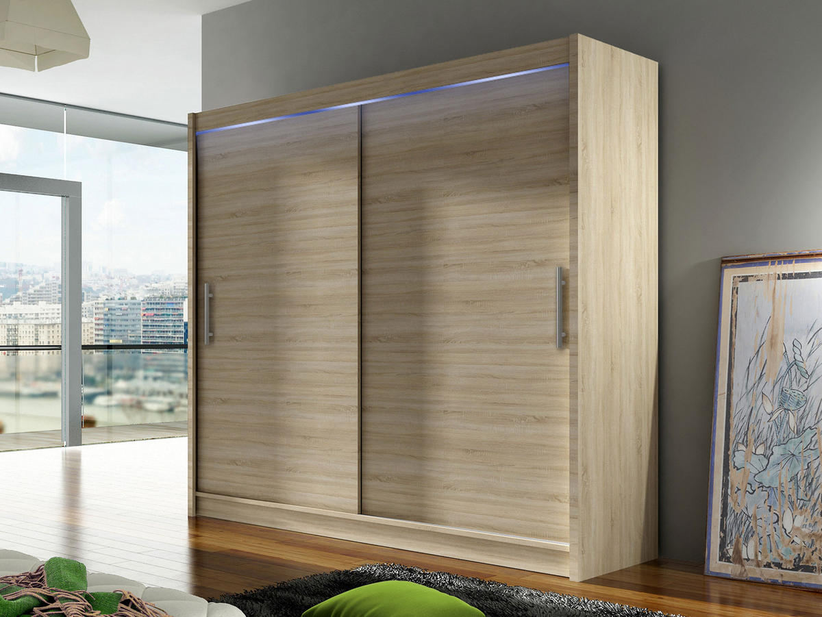 KLEIDERSCHRANK London I 180, mit RGB LED Beleuchtung - Silberfarben/Sonoma Eiche, Holzwerkstoff/Kunststoff (180/215/58cm) - MIRJAN24