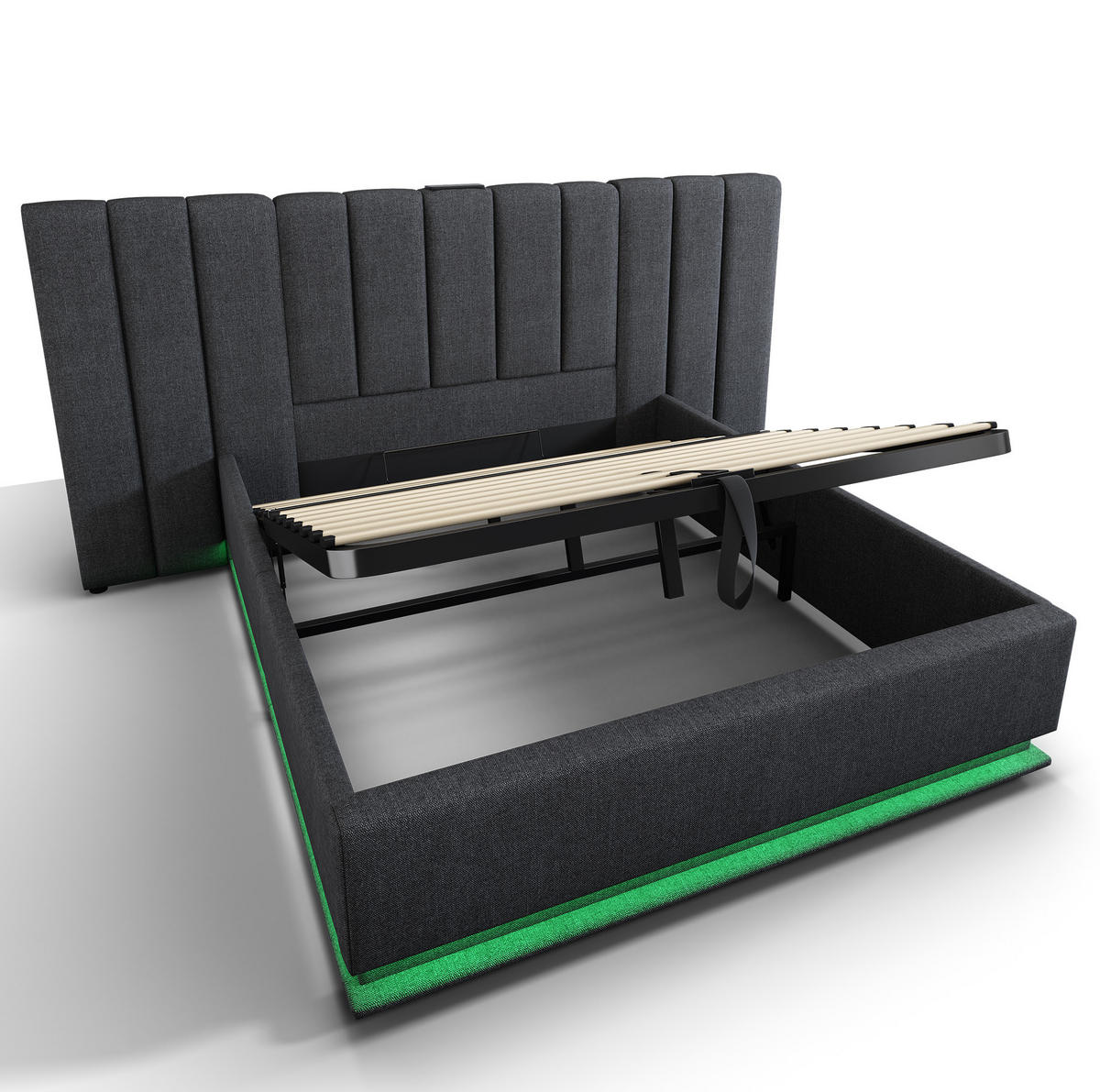 POLSTERBETT mit LED-Beleuchtung 180/200 cm mit Bettkasten und USB-C, Grau - Grau, Textil (180/200cm) - BEAOK