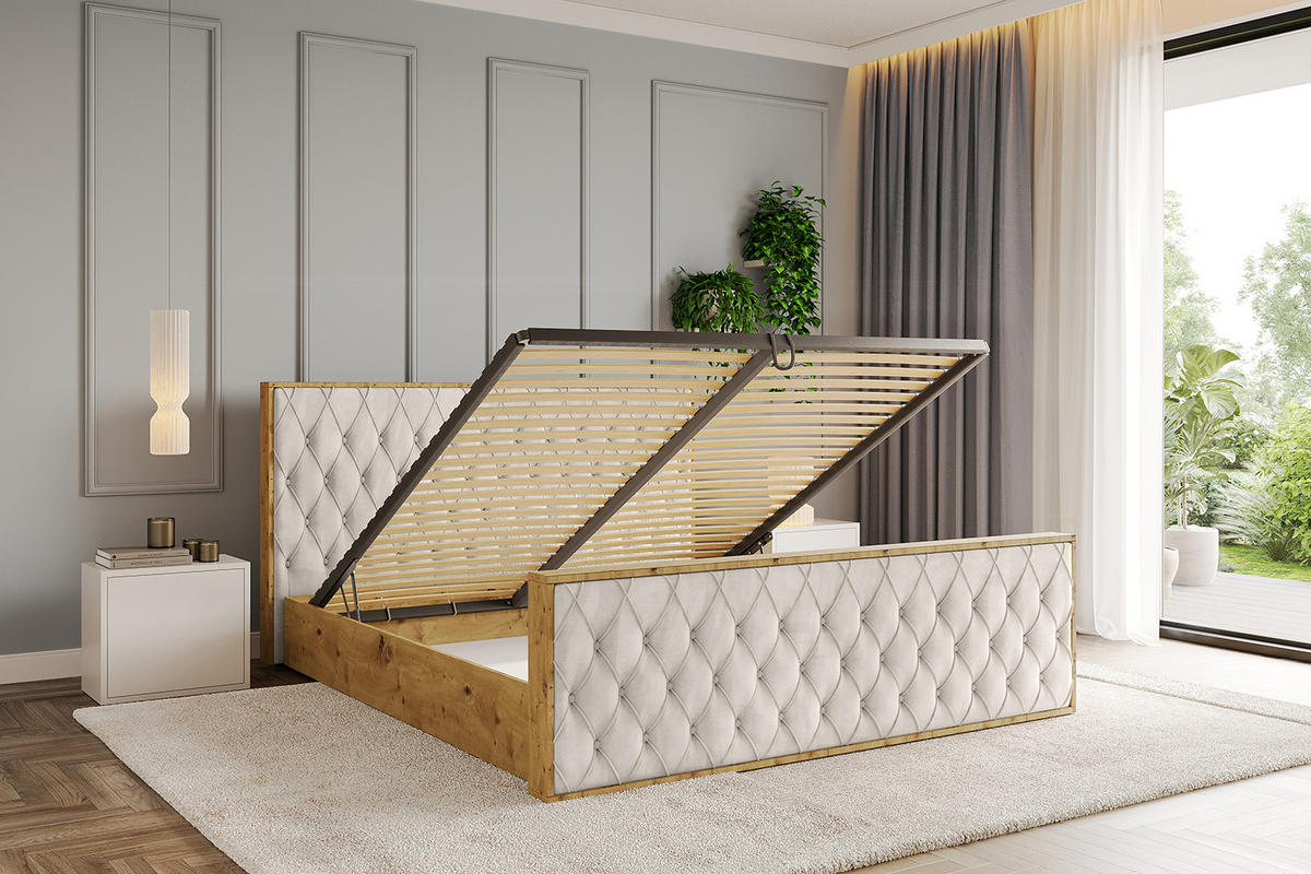 POLSTERBETT mit Bettkasten, Fußteil und Lattenrost, Boxbett ohne Matratze - ENZO5-Z 200x200 Beige - Beige, Holzwerkstoff/Textil (200/200cm) - ALTDECOR