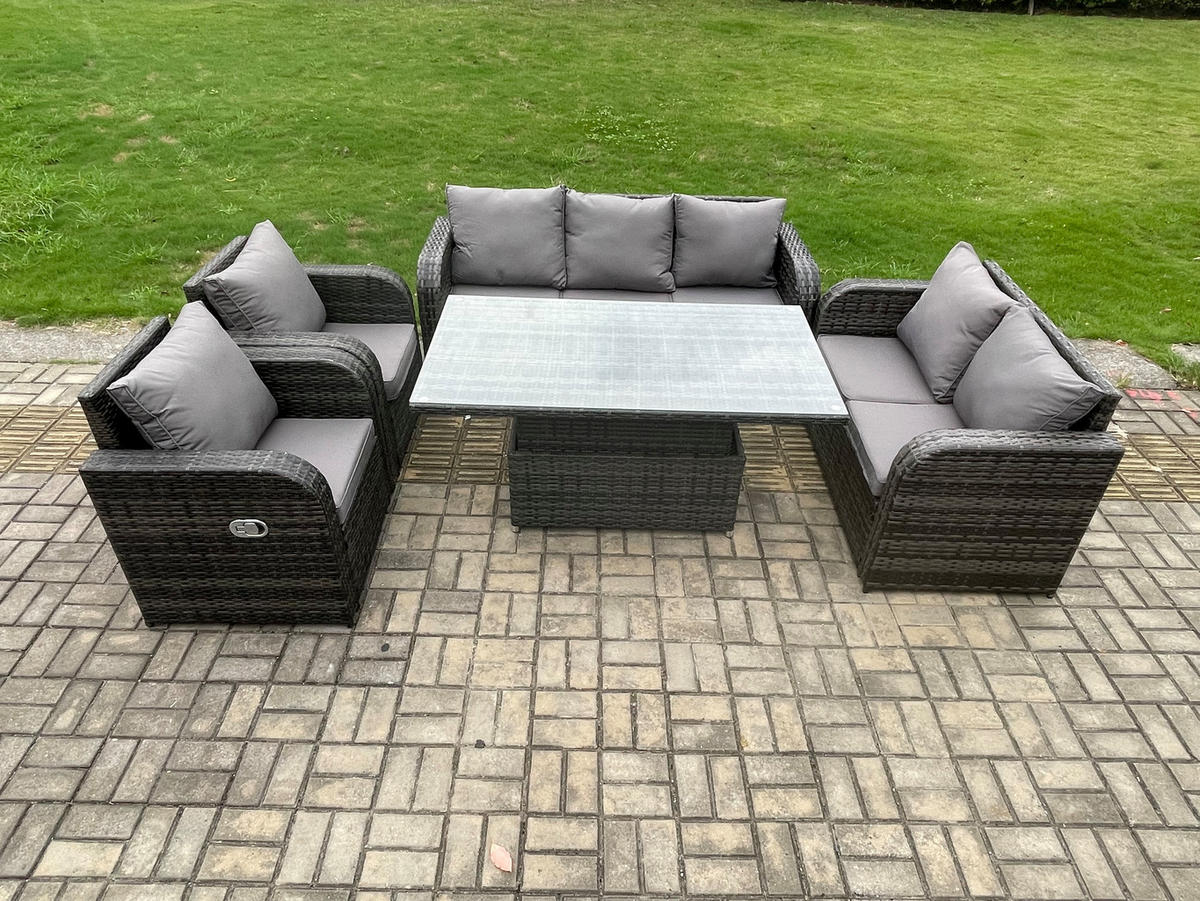GARTENMÖBELSET mit Höhenverstellbarer Esstisch 7-Sitzer Grau - Dunkelgrau/Grau, Glas/Kunststoff - Fimous