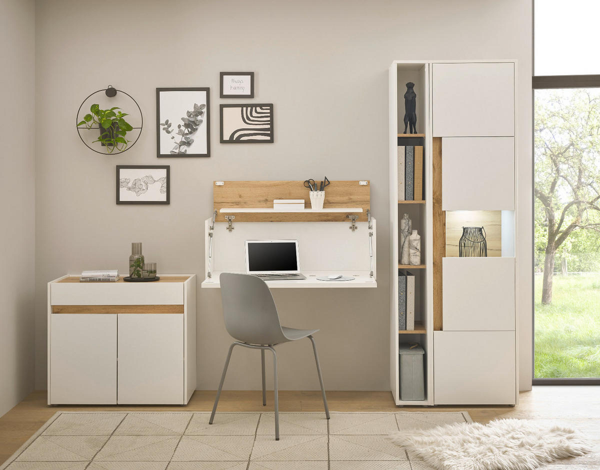 AKTENSCHRANK Weiß matt, Eiche Wotan 50 x 200 cm, Büroschrank mit viel Stauraum und 5 OH - Eichefarben/Silberfarben, Glas/Holzwerkstoff (50/200/40cm) - Furn.Design