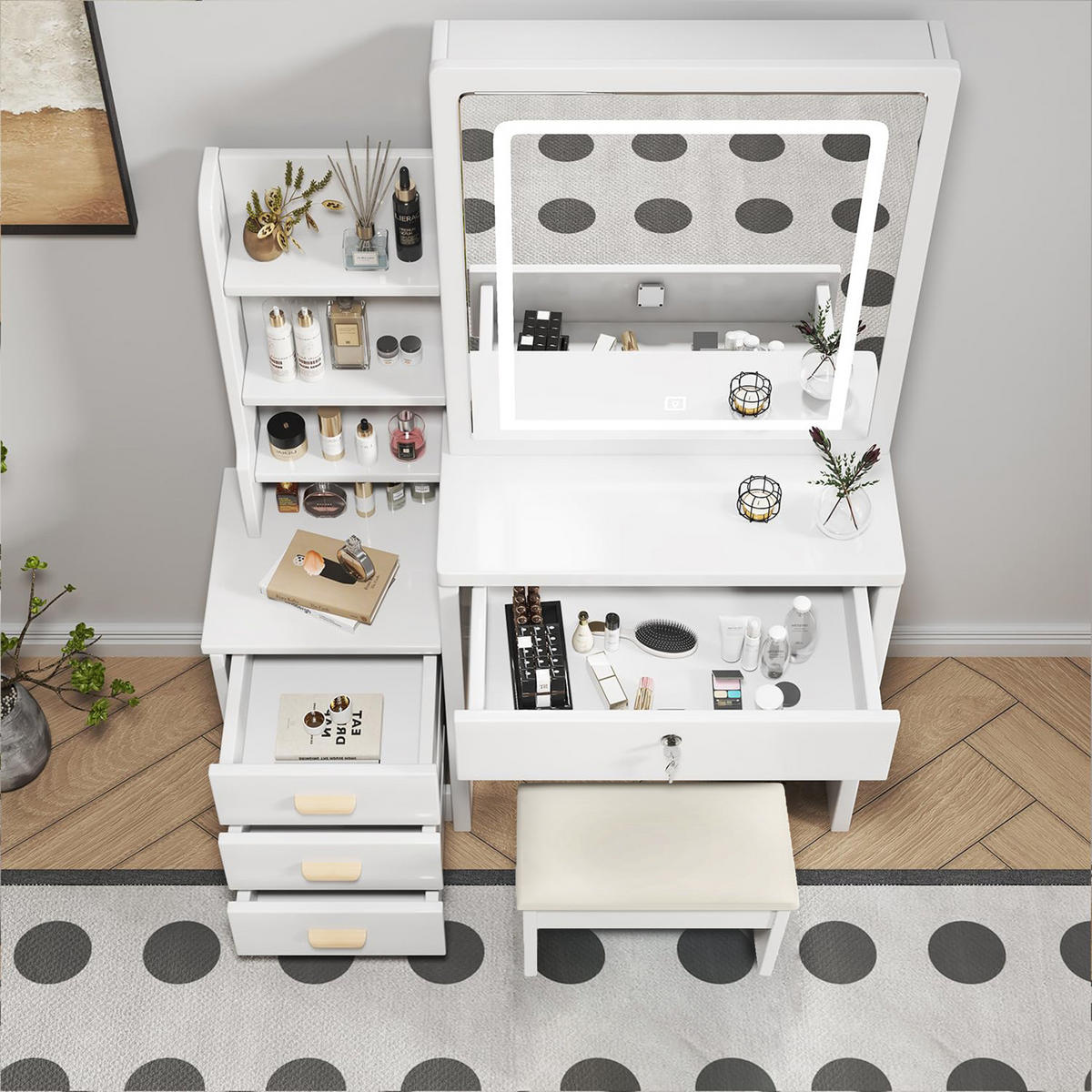 SCHMINKTISCH 85/36/130 cm weiß aus MDF mit LED-Spiegel und Hocker - Weiß, Holzwerkstoff (36/130/85cm) - OKWISH