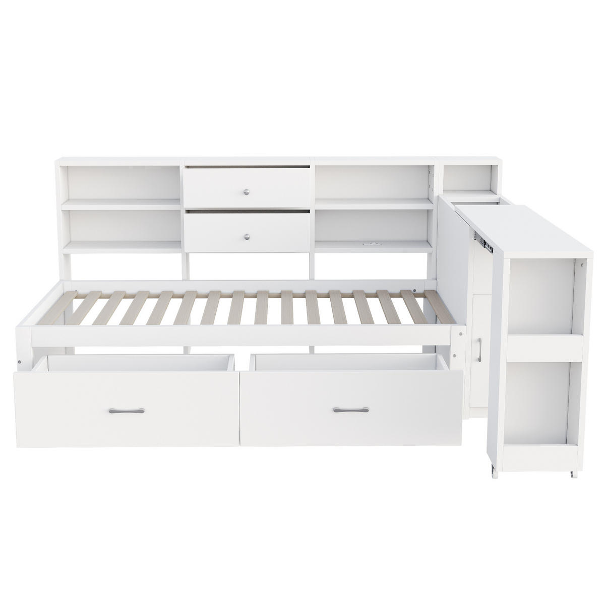 KREVET 90/200 cm s izvlačnim radnim stolom, skrivenim spremištem, 2 USB priključka i utičnicom, Bijela - bijela, drvni materijal (90/200cm) - Redom