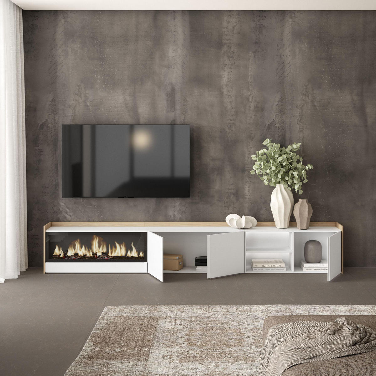 LOWBOARD, Weiß und Eiche, 315/35/50cm, Kamin mit Feuereffekt XXL - Weiß, Holzwerkstoff (315/50/35cm) - Skraut Home