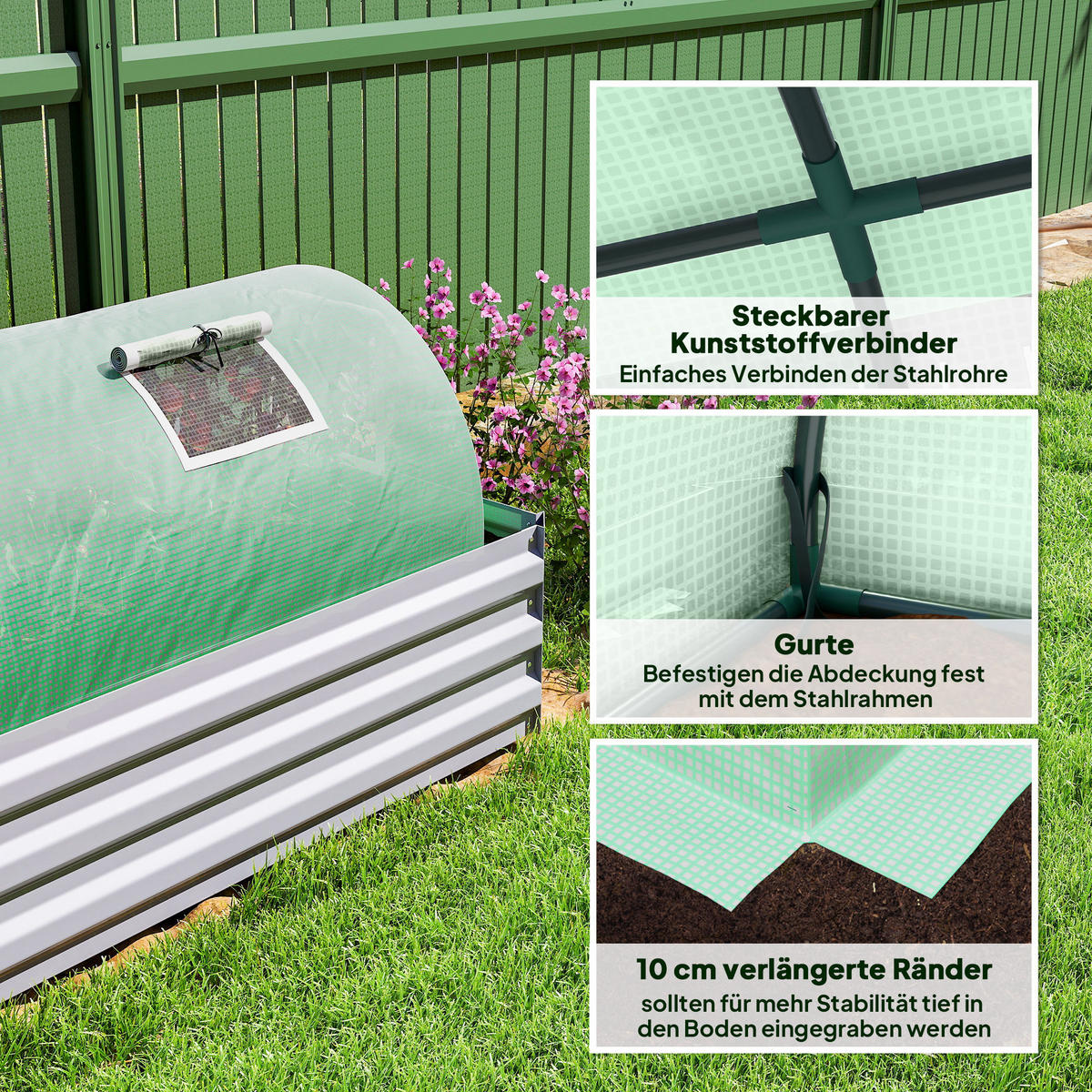 FOLIENGEWÄCHSHAUS, Grün, Stahl, PE, PP - Grün, Kunststoff (80/45/300cm) - Outsunny