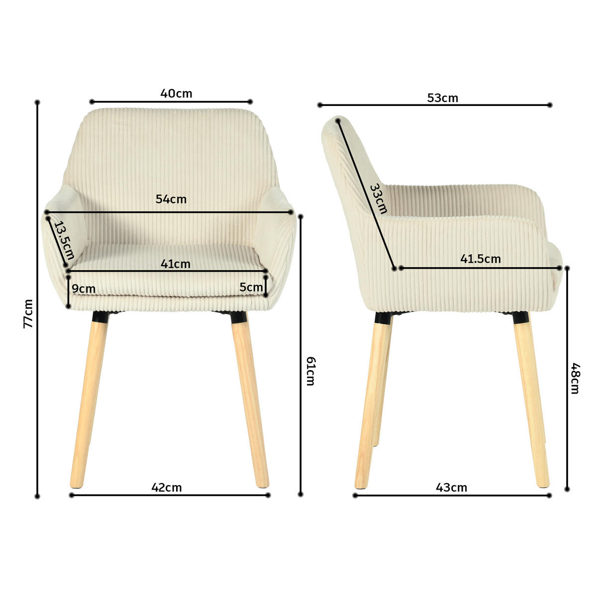 ESSZIMMERSTUHL 2er Set in Beige mit Cord-Optik - Beige, Textil (54/77/53cm) - Meubles Cosy
