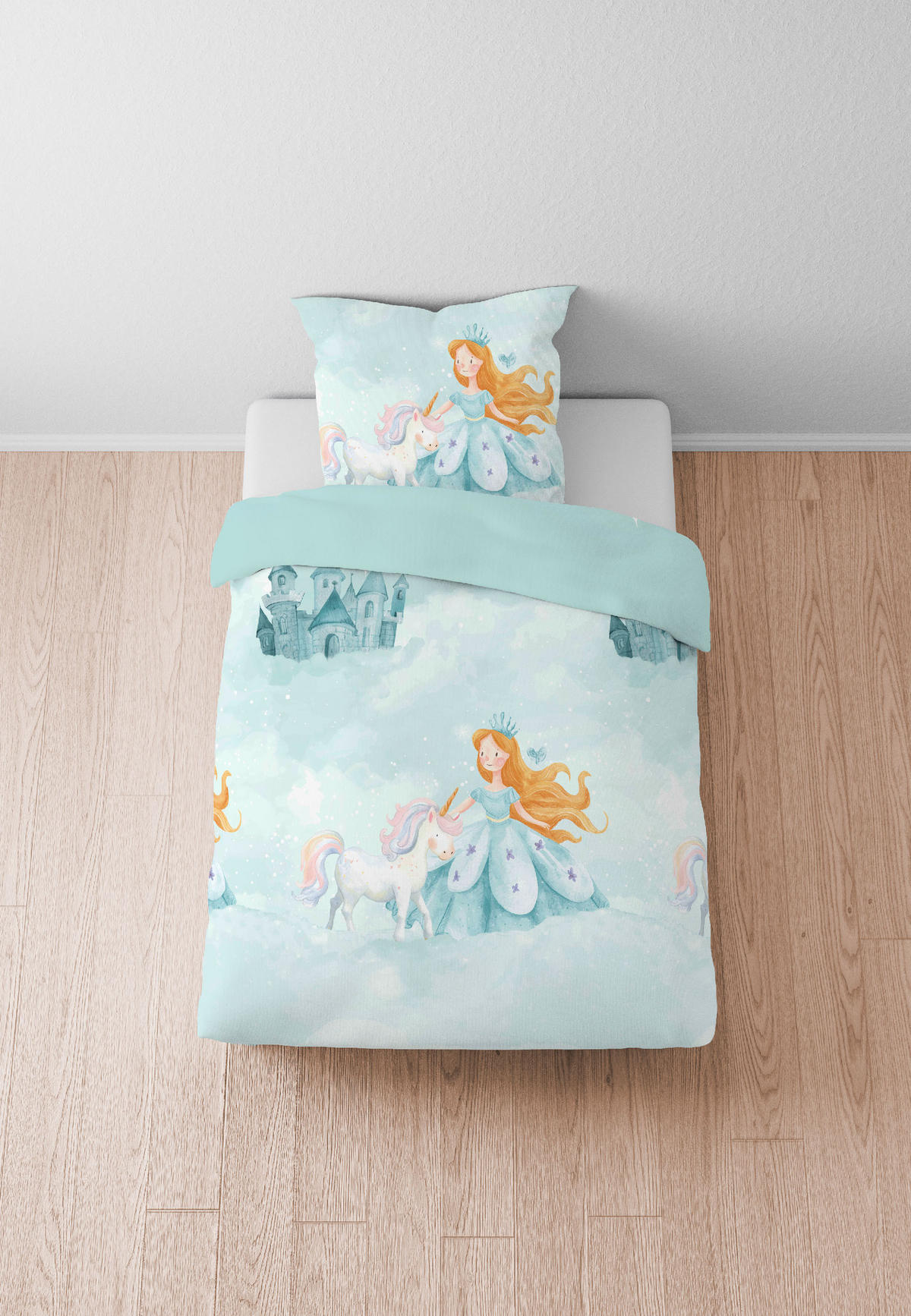 BETTWÄSCHE-GARNITUR Biber Prinzessin Einhorn ciel, 135x200 cm + 80x80 cm - Hellblau, Textil (135/200cm) - biberna
