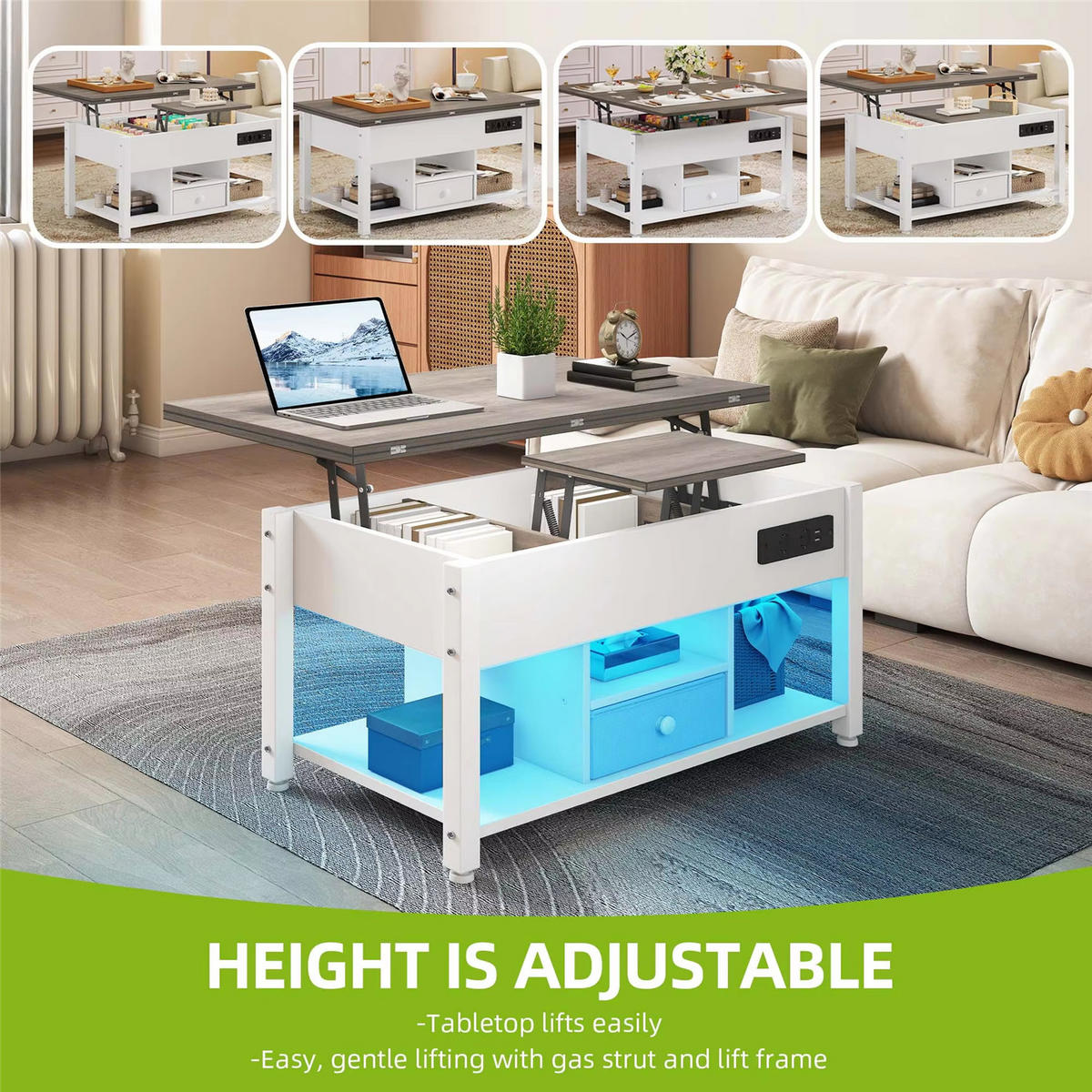COUCHTISCH 4-in-1 höhenverstellbar LED Stauraum Weiß/Grau - Weiß, Holz (90/47.8/61.7cm) - Kaket