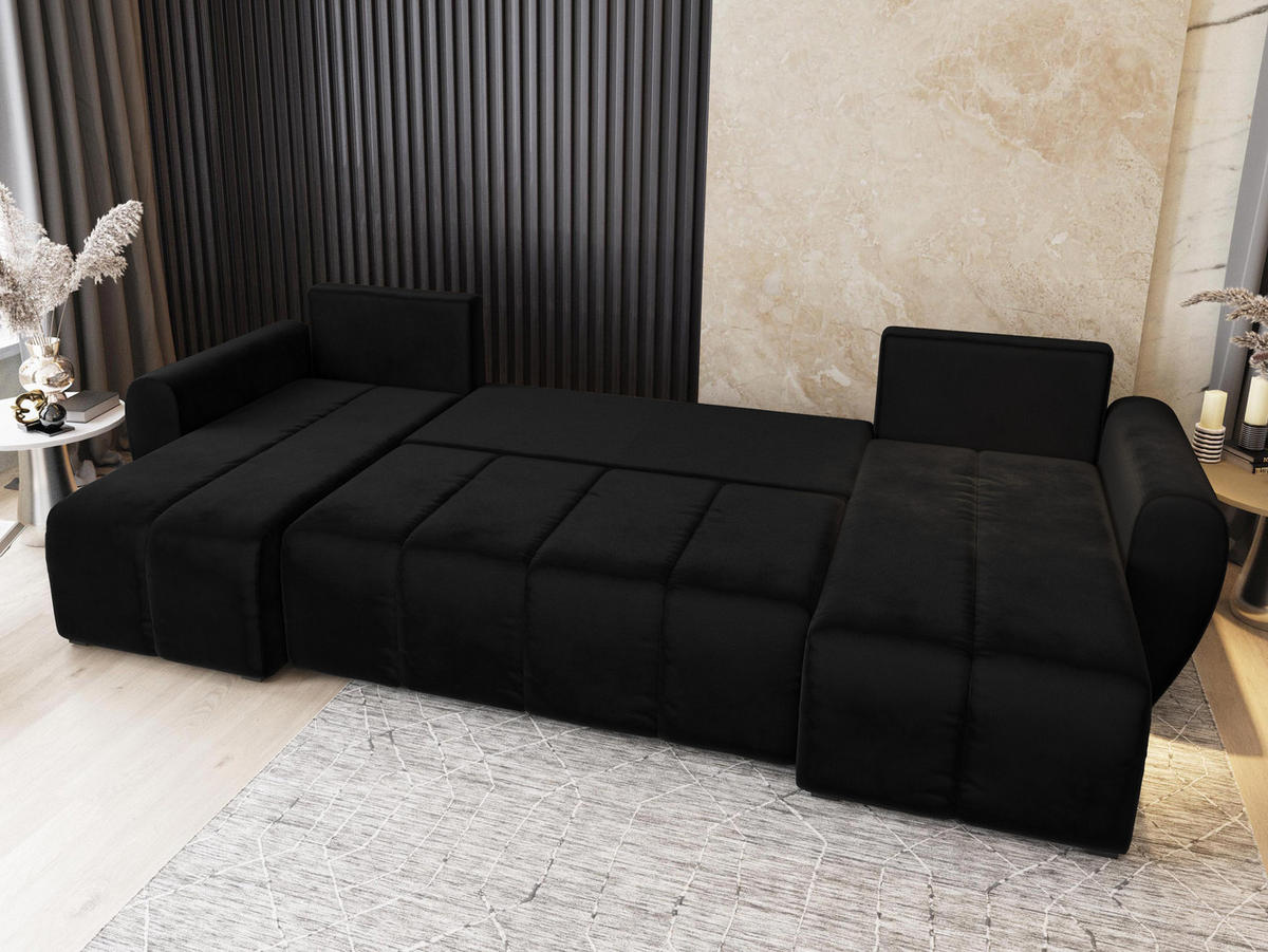 WOHNLANDSCHAFT MADISON U Schwarz Plüsch-Stoff mit Schlaffunktion - Schwarz, Holz (311/82/145cm) - MASSENO