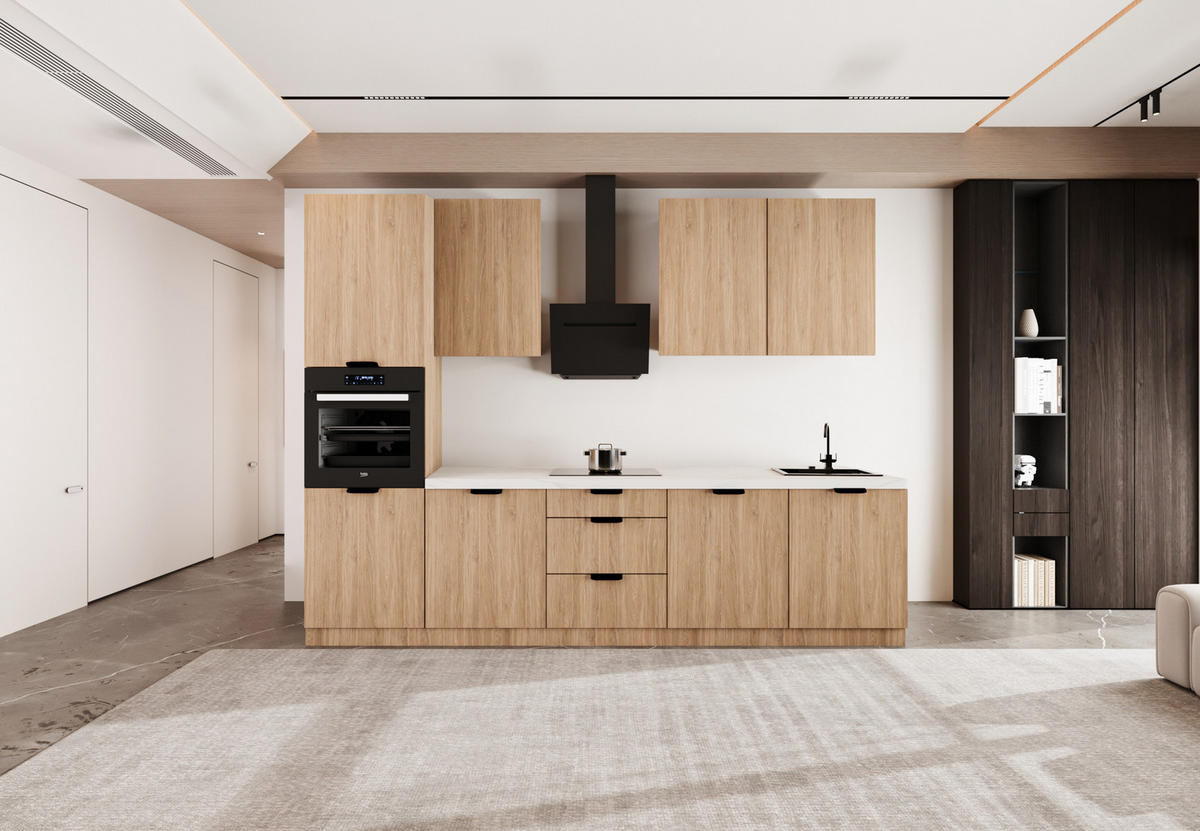 KÜCHENZEILE 300 cm - Sorento KS1-M300 - in Sonoma Eiche - Beige/Schwarz, Holz (300/247/58cm)