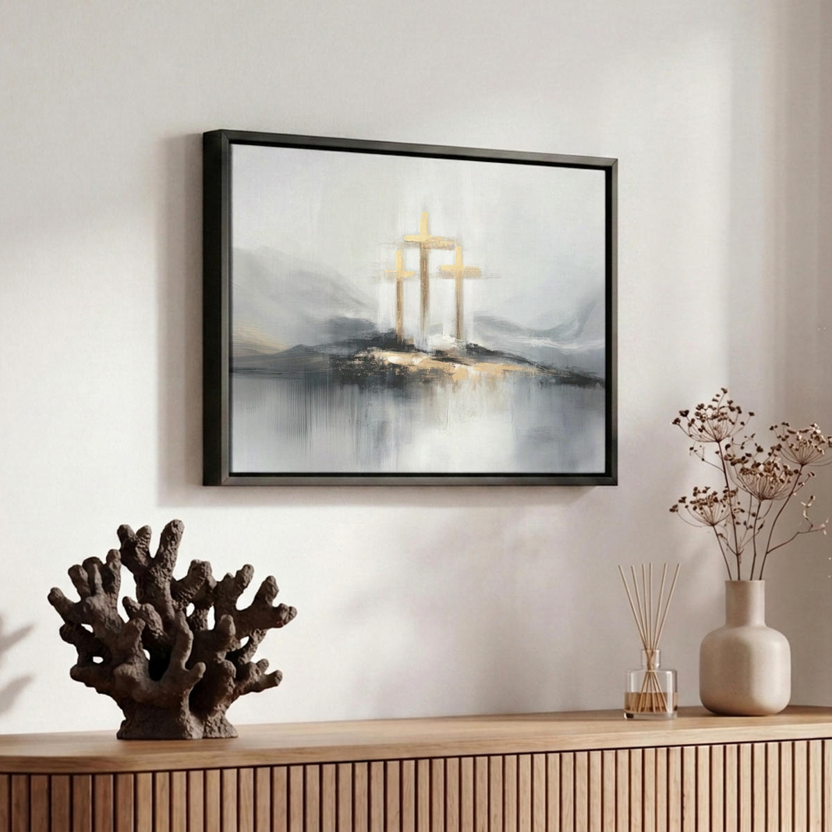 LEINWAND Bilder mit Rahmen - Abstrakt - Malerei - Christentum - Kreuz - 30x20 - Weiß, Textil (30/20cm) - MuchoWow