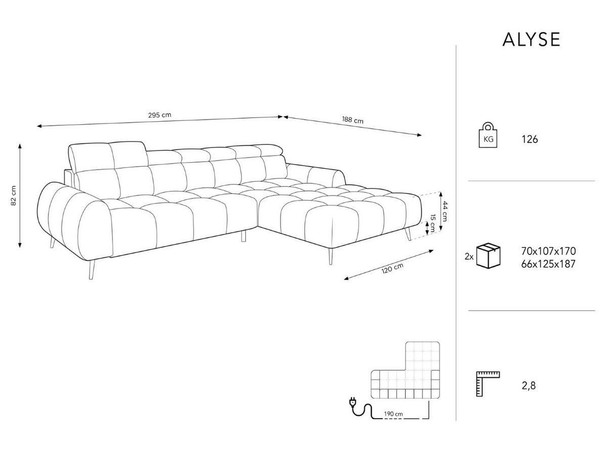 ELEKTRISCHES-ECKSOFA rechts Alyse aus Samt schwarz 5 Sitzplätze - Schwarz, Textil (188/295cm) - Micadoni