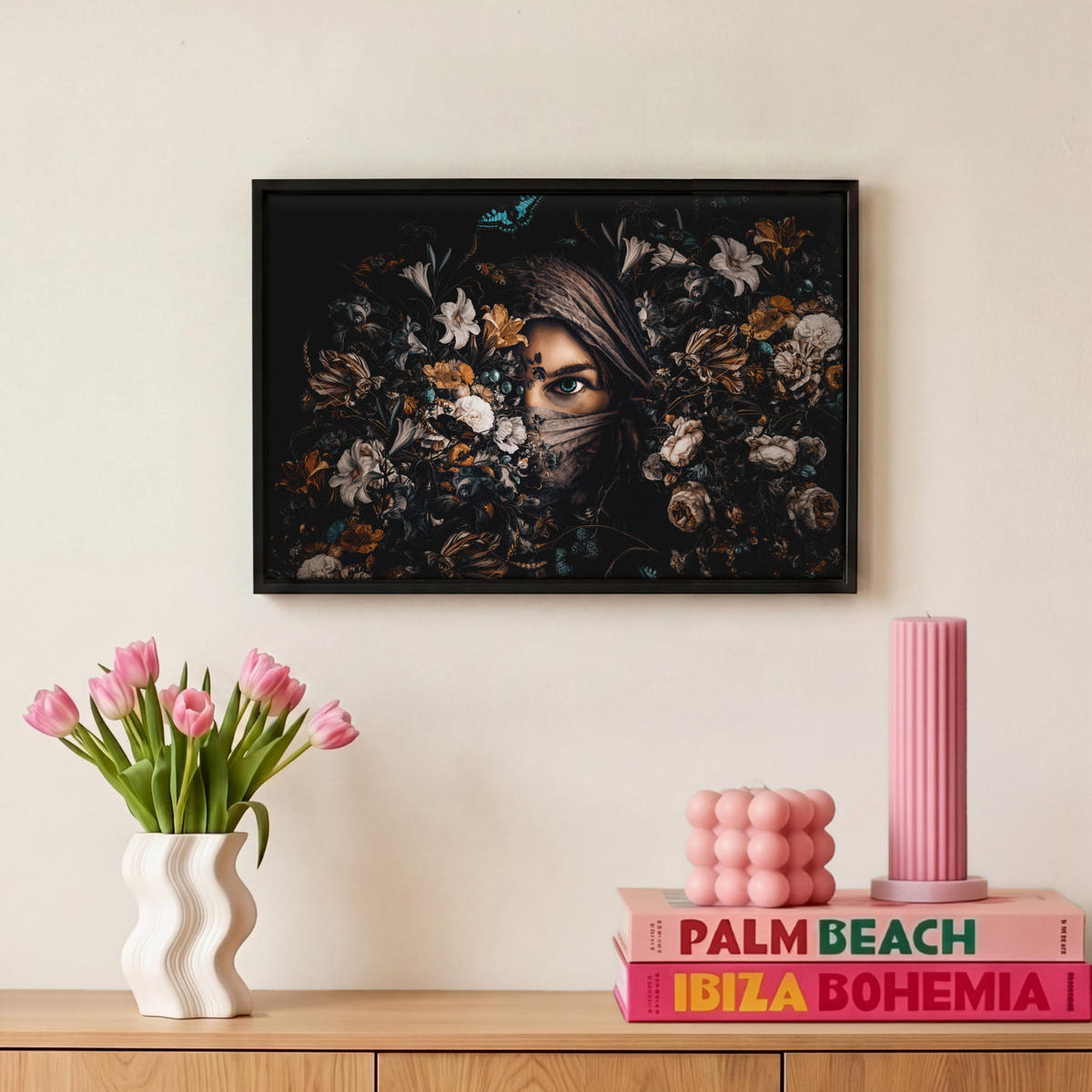 LEINWAND Bilder mit Rahmen - Frau - Luxus - Blumen - Schmetterling - Porträt - 30x20 - Schwarz, Textil (30/20cm) - MuchoWow
