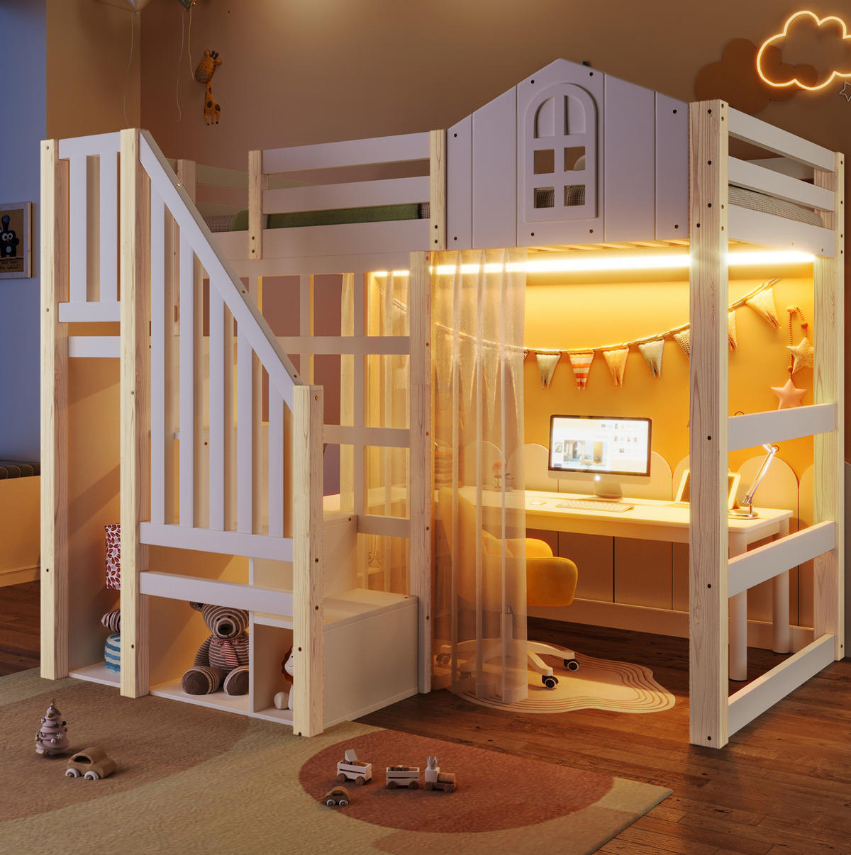 HOCHBETT 90/200 cm Weiß/Natur aus Kiefernholz mit LED-Beleuchtung - Weiß, Holz (90/200cm) - OKMYHOME