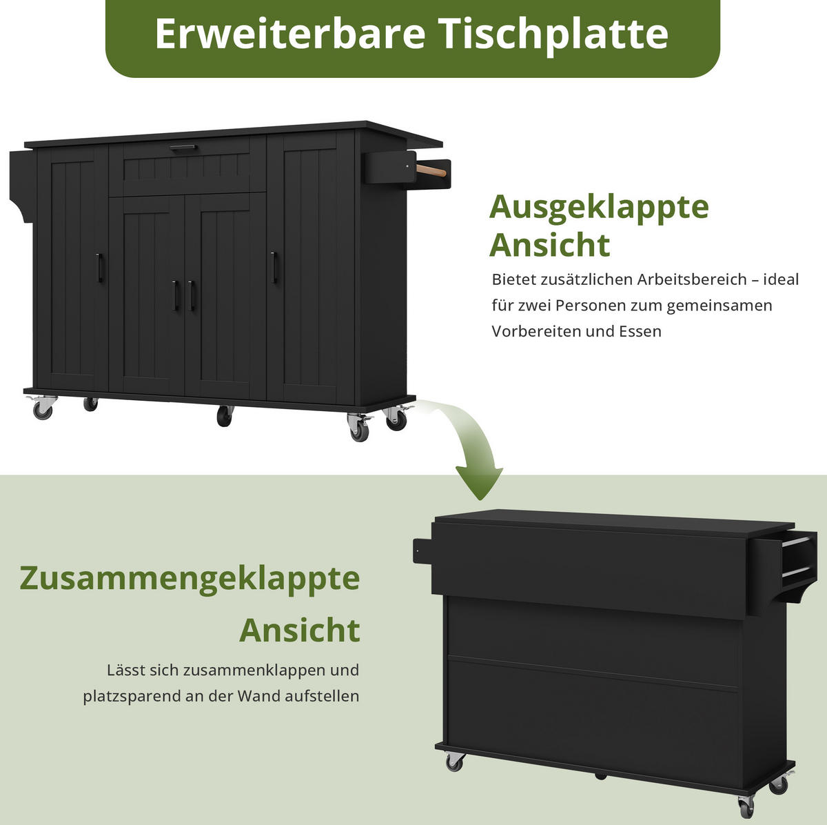 KÜCHENINSEL 120/45(70)/95 cm in Schwarz mit klappbarer Platte und Rollen - Schwarz, Holzwerkstoff (120/95/70cm) - Flora Grace