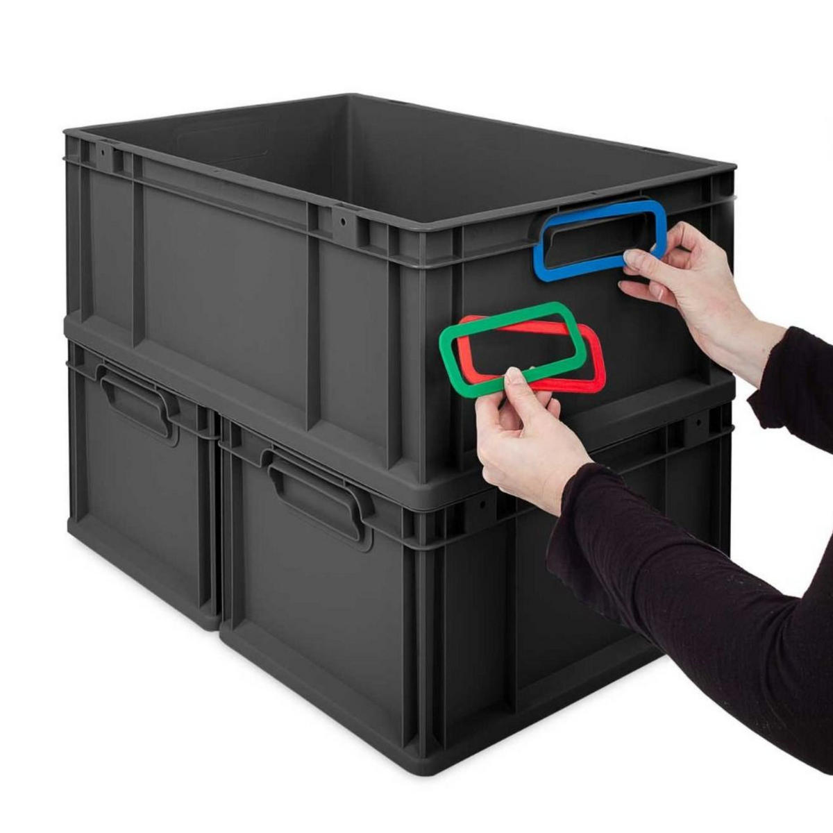 EUROBOX 4x NextGen Color mit Auflagedeckel 32x30x40 cm 30 Liter Schwarz Griffe gelb zu - Gelb/Schwarz, Kunststoff (30/32/40cm) - PROREGAL