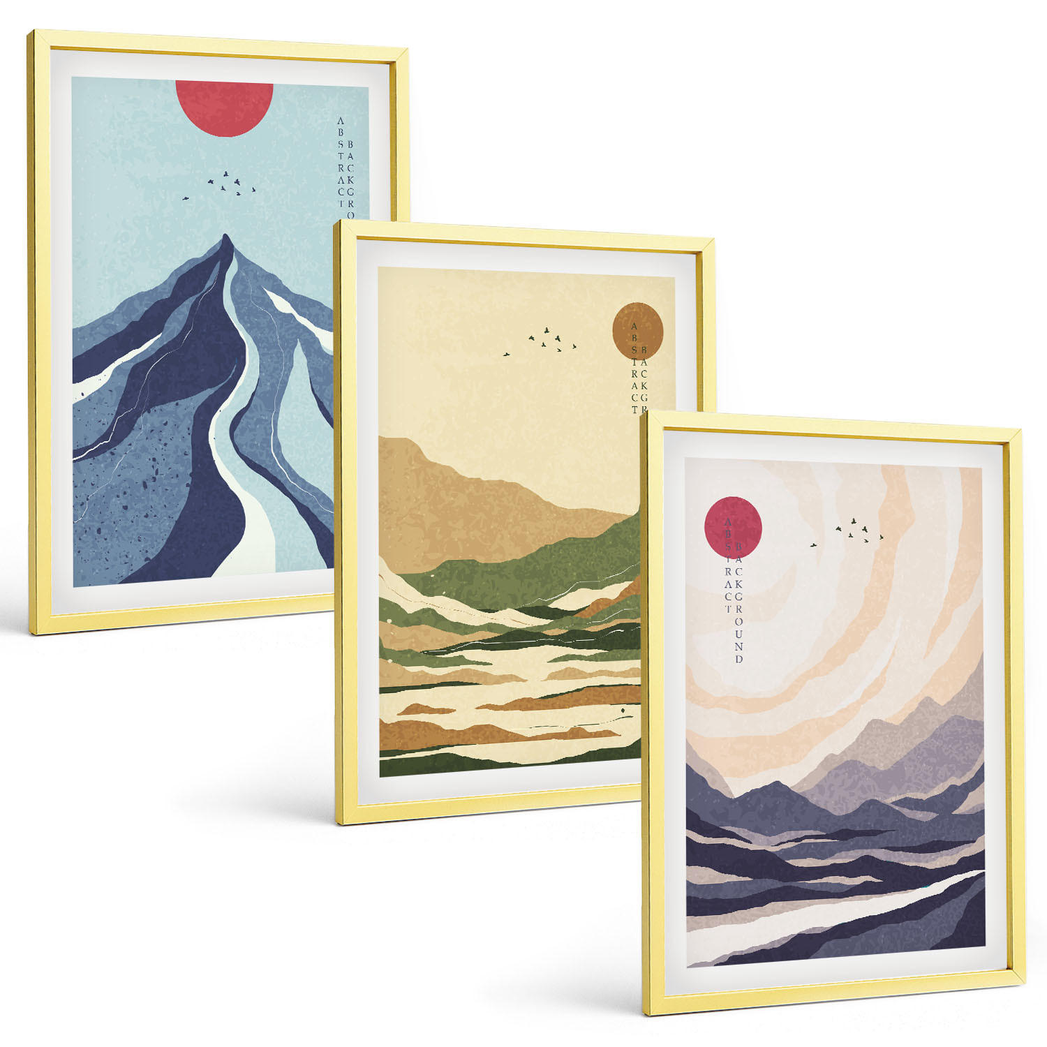 BILDER SET 3er Set - 40x60 cm Goldrahmen - Pastellfarbene Berge im Japandi-Stil - Goldfarben, Kunststoff (40/60cm) - TULUP