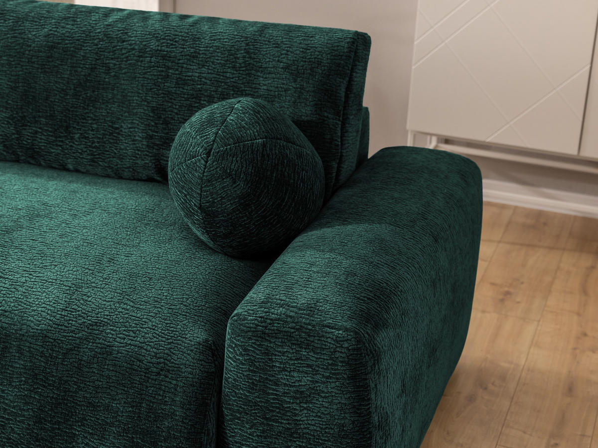 ECKSOFA Puffy mit Schlaffunktion und Bettkasten - besonders weich und puffig aus Grün Stoff mit Chenillestruktur - Ottomane links - Schwarz/Grün, Holz/Kunststoff (138/266cm) - S-Style Möbel