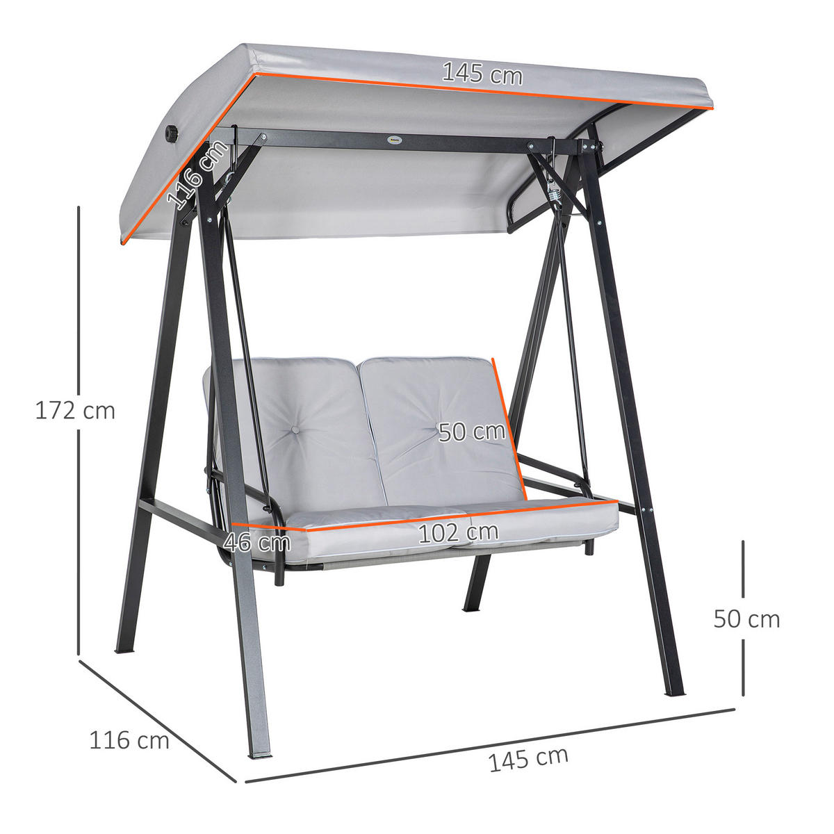 HOLLYWOODSCHAUKEL 2-Sitzer mit Verstellbarem Dach - Grau, Metall (116/172/145cm) - Outsunny