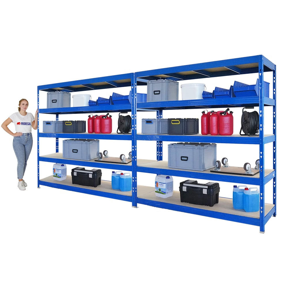 SCHWERLASTREGAL Rhino 2er-Set 200x200x60 cm 5 Spanplatten-Ebenen 8mm Fachlast 500 kg Blau - Blau, Metall (400/200/60cm) - PROREGAL