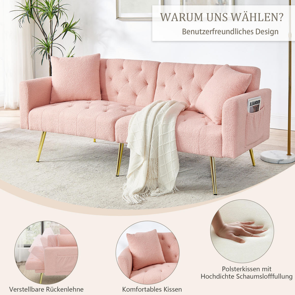 SCHLAFSOFA 177/78/74 cm in Pink Teddyfell mit Aufbewahrungstasche - Rosa, Textil (177/74/78cm) - Oxeza