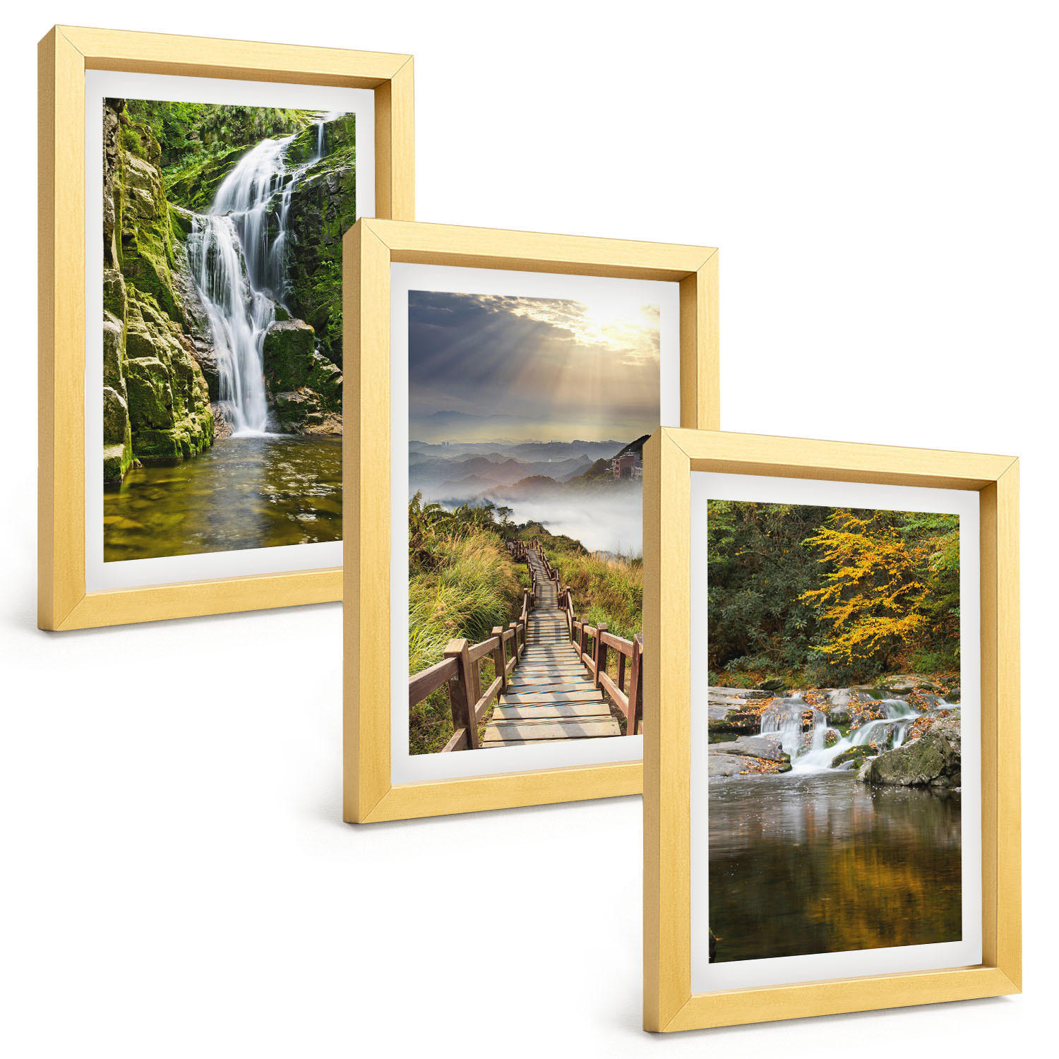 BILDER SET 3er Set - 20x30 cm Goldrahmen - Wasserfälle, Berge, Wolken, Herbst - Goldfarben, Kunststoff (20/30cm) - TULUP