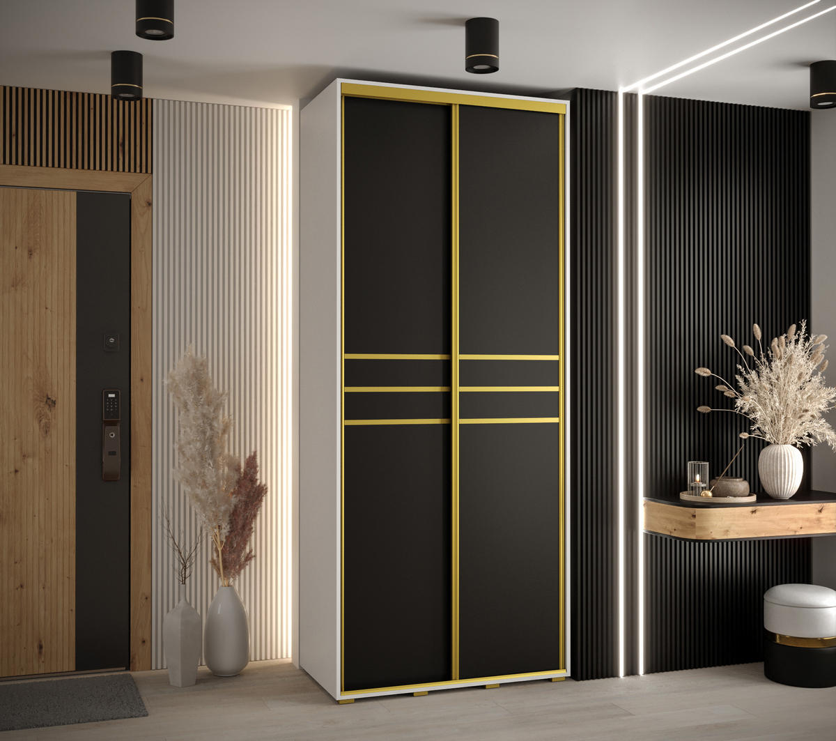 SCHWEBETÜRENSCHRANK 235,2/100/60 2-türig - Goldfarben/Schwarz, Holz/Metall (100/235/60cm) - Abiks Möbel