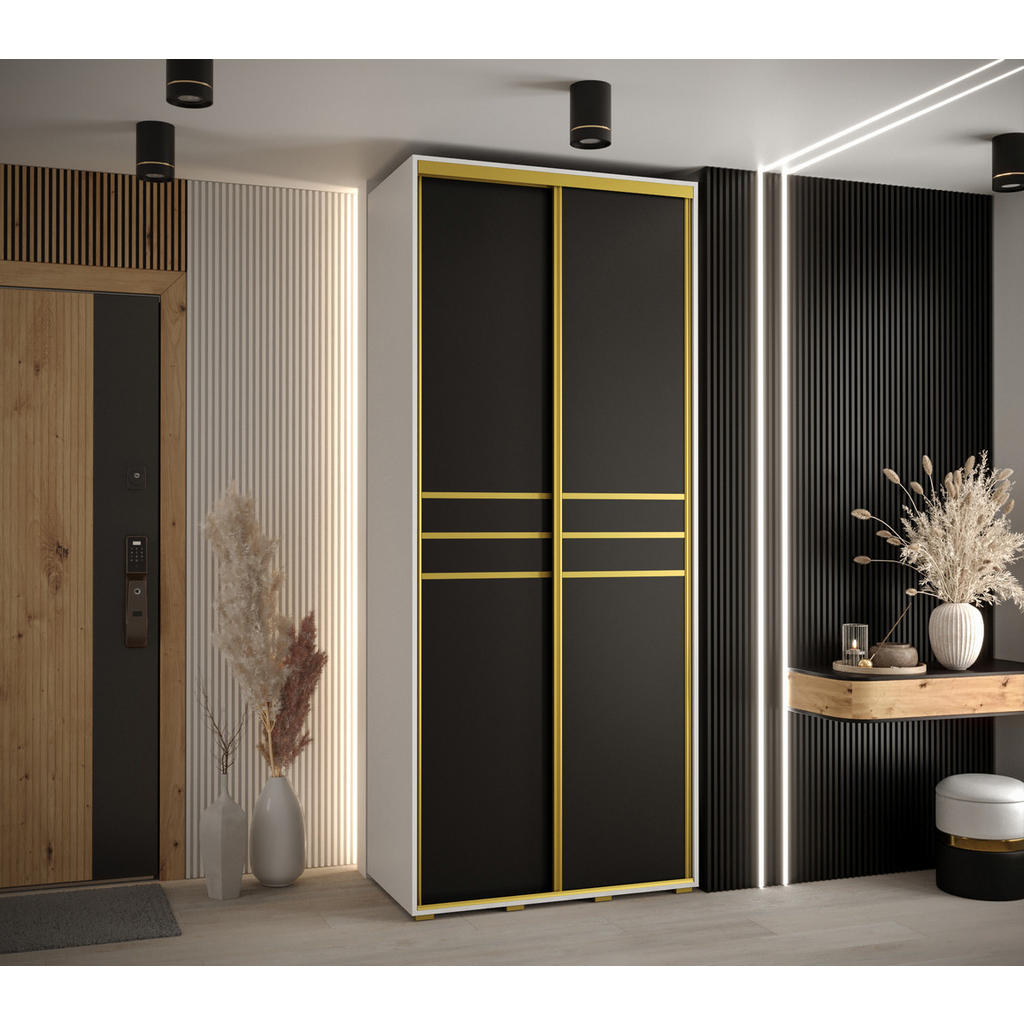Thumbnail - Abiks Möbel Schwebetürenschrank, Weiß, Schwarz, Gold, Metall, Nachbildung, 6 Fächer, 110x235x45 cm, Schlafzimmer, Kleide...
