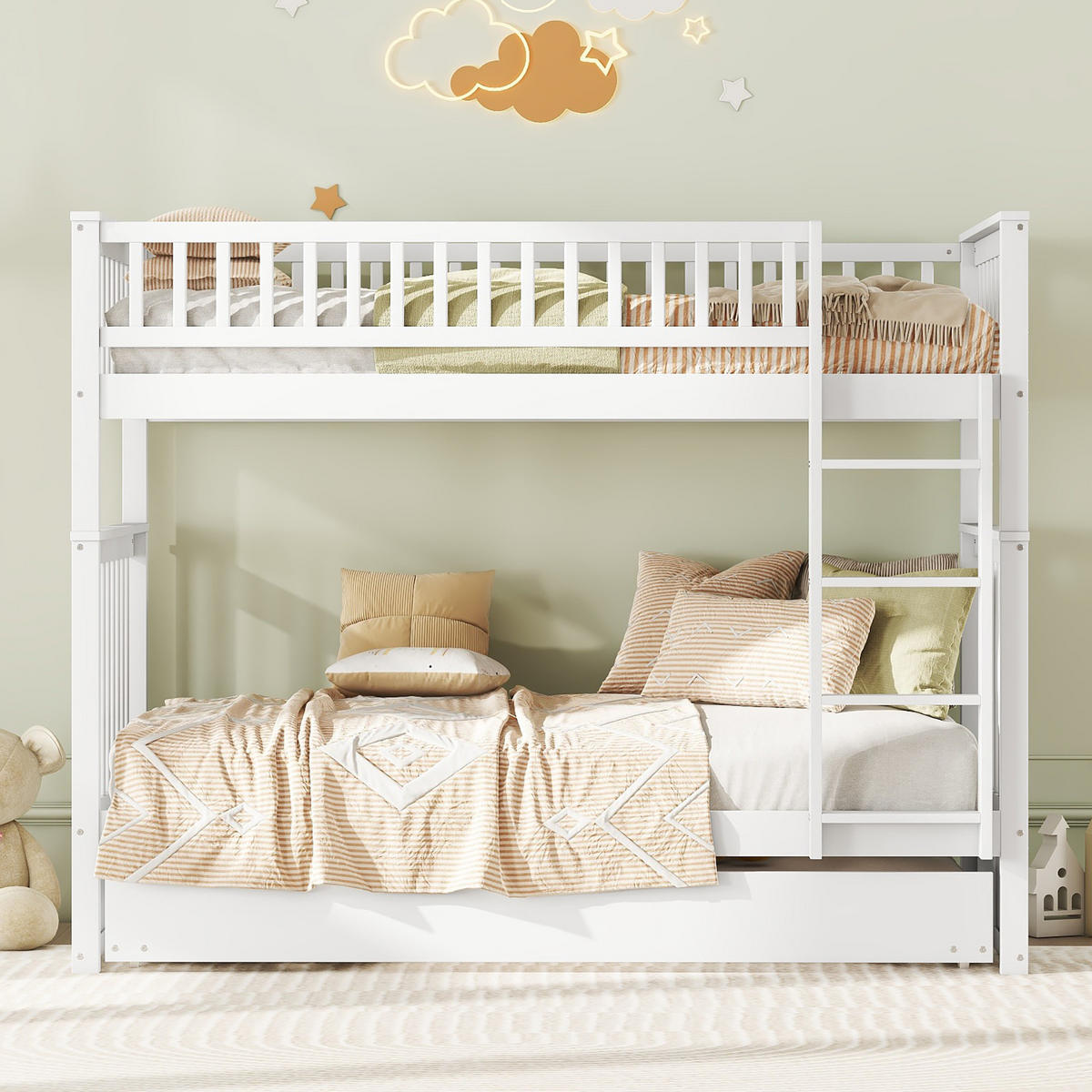 ETAGENBETT 90x200cm Weiß Dreierbetten mit Ausziehbett hohe Geländer - Weiß, Holz (90/200cm) - FLIEKS