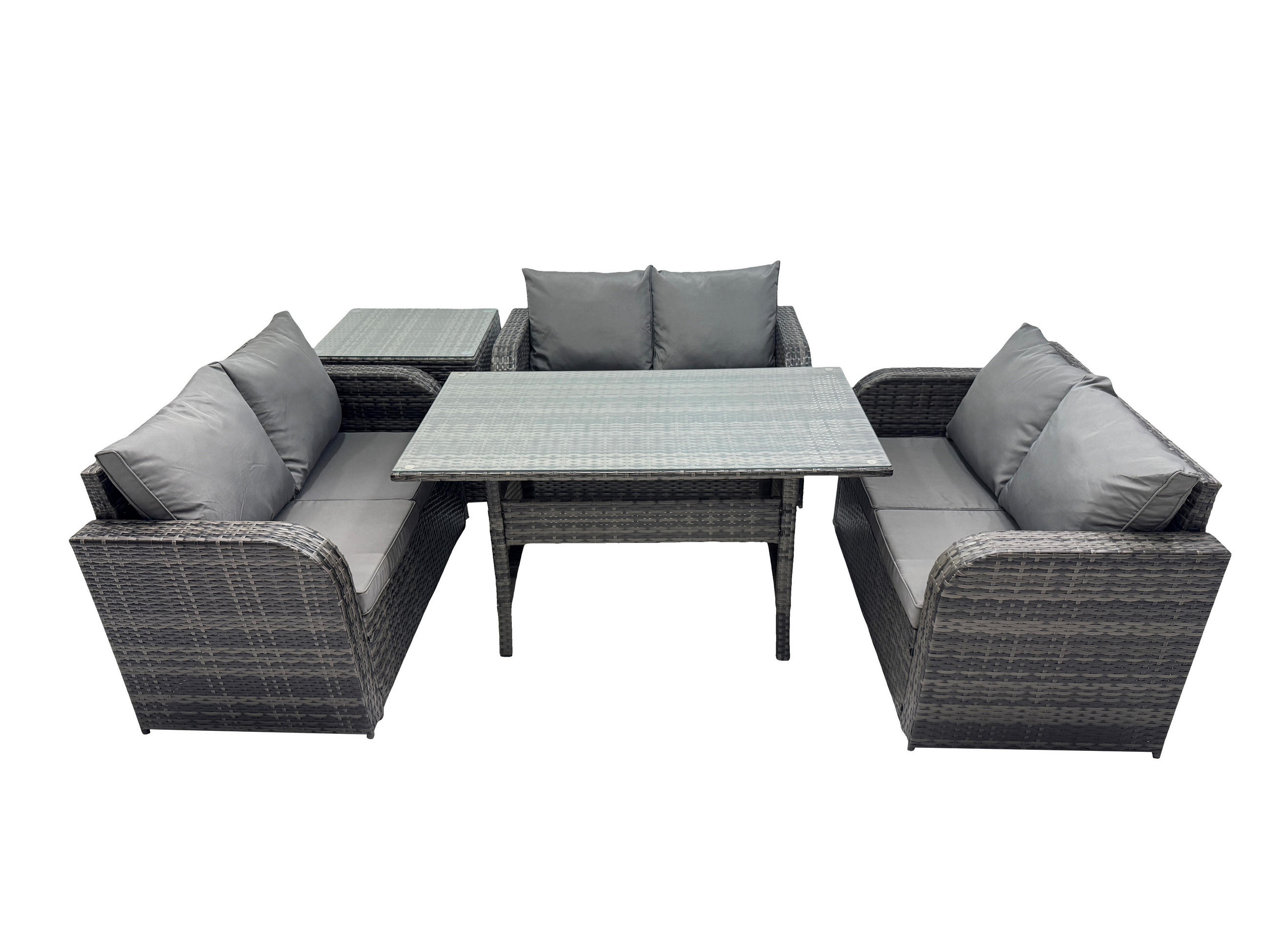 SITZGRUPPE mit Esstisch,Zweisitzer,Hocker Polyrattan 6-Sitzer - Dunkelgrau/Grau, Glas/Kunststoff - Fimous