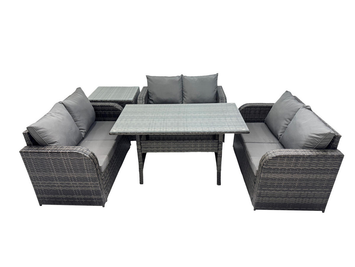 SITZGRUPPE mit Esstisch,Zweisitzer,Hocker Polyrattan 6-Sitzer - Dunkelgrau/Grau, Glas/Kunststoff - Fimous