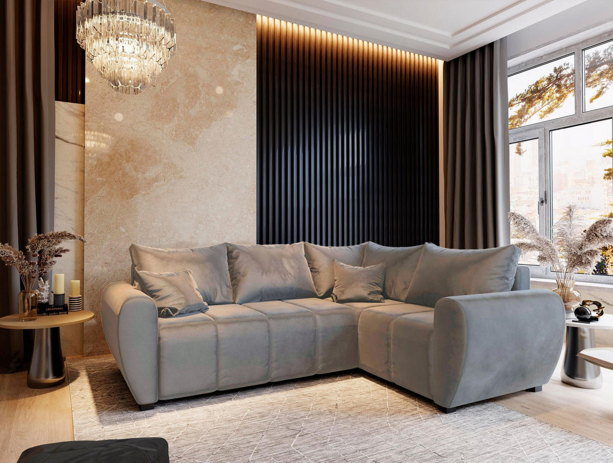 ECKSOFA MADISON L R-S Beige Plüsch-Stoff mit Schlaffunktion - Beige, Holz (235/175cm) - MASSENO