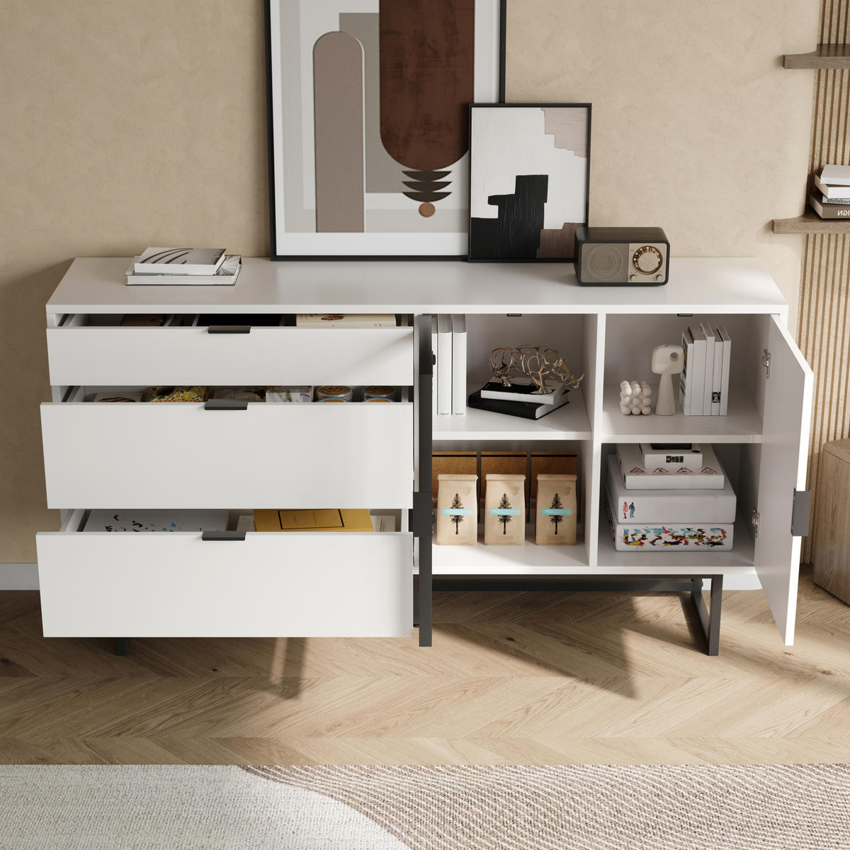 SIDEBOARD 160/36/78 cm mit LED-Beleuchtung, Glastüren & 3 Schubladen in Weiß - Weiß, Holzwerkstoff (160/78/36cm) - BEAOK