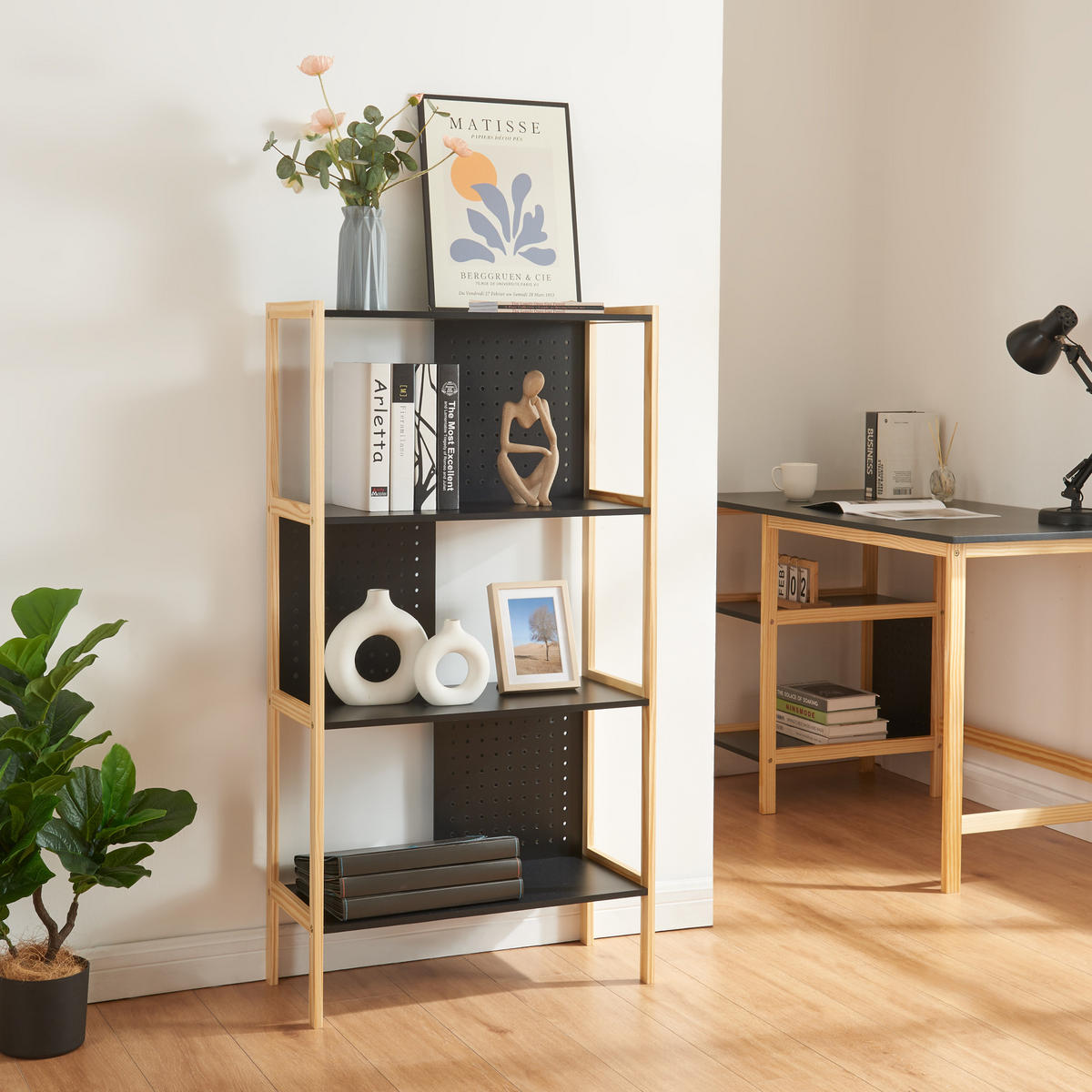 STANDREGAL Dønna - Schwarz/Naturfarben, Holzwerkstoff (63/120/28cm) - [en.casa]