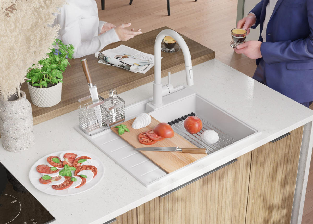 SPÜLBECKEN Sydney Pocket, 2-er set Weiß 62/53 cm 1 Becken + Ablauf-Set + Küchenzubehörset ab 45er Unterschrank - Chromfarben/Beige, Kunststoff (62/20/53cm) - Primagran