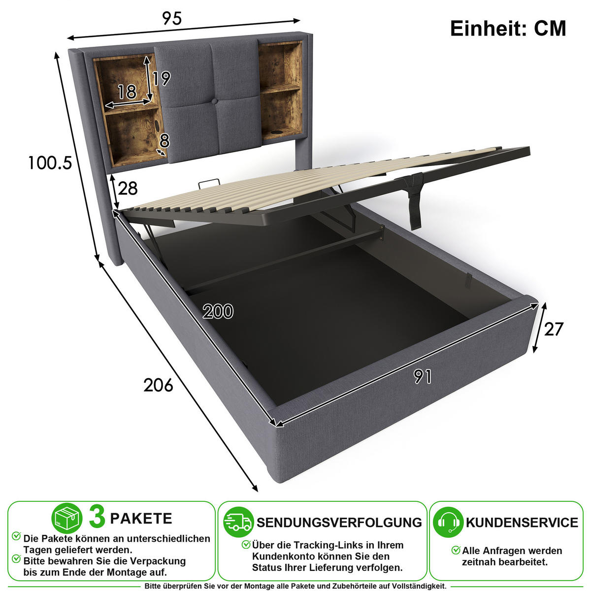 ČALOUNĚNÁ POSTEL 90/200 cm v šedé barvě s úložným prostorem, nabíjením a matrací - šedá, kov/kompozitní dřevo (90/200cm) - CHICFURN