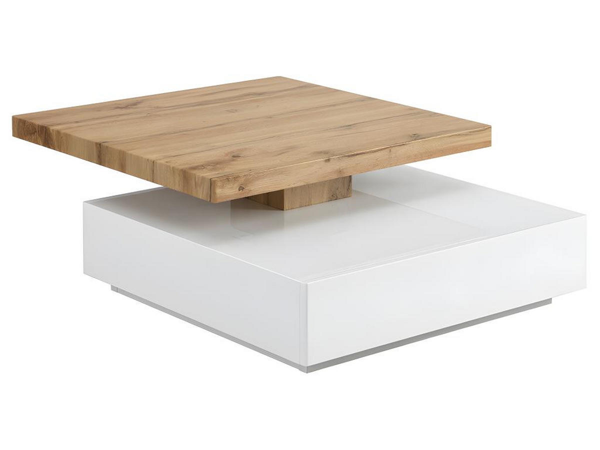 COUCHTISCH drehbar - 1 Schublade - MDF - Weiß & Holzfarben - KYRIA - Weiß, Holz (80/80/36cm) - Vente-Unique