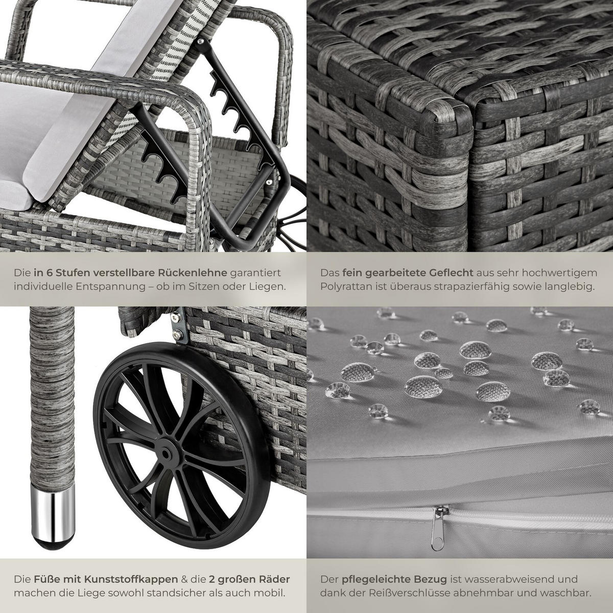 RATTAN-SONNENLIEGE, 200 x 70 x 33 cm, grau/hellgrau - Grau, Kunststoff (70/33/200cm) - tectake