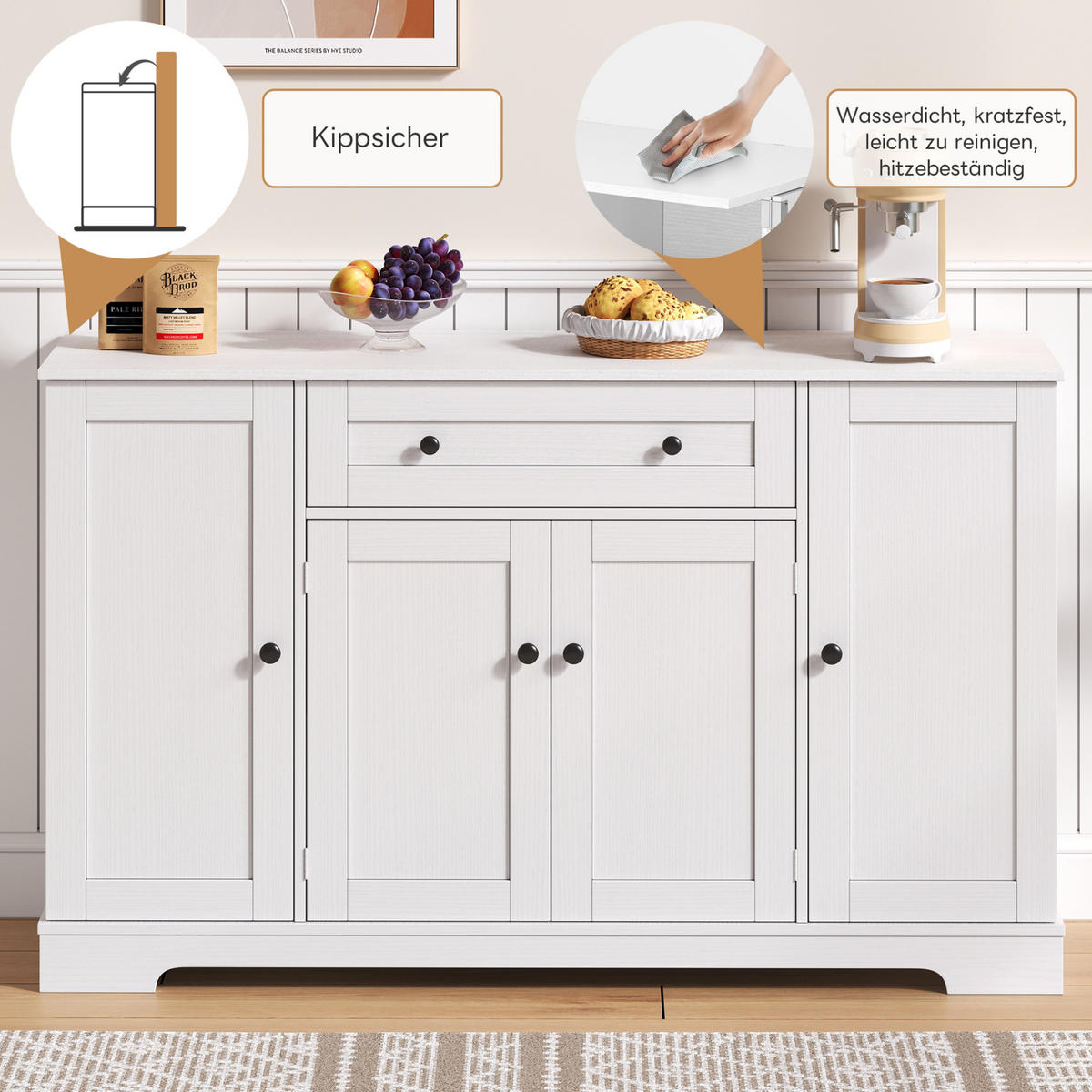SIDEBOARD aus MDF 138x40x85 cm Weiß mit Schublade, verstellbaren Einlegeböden und Kippsicherung - Weiß, Holzwerkstoff (138/85/40cm) - IVMEU