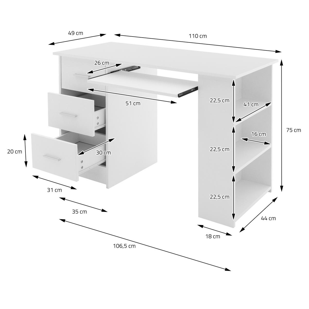 SCHREIBTISCH - Weiß, Holzwerkstoff (110/49/75cm) - ML-DESIGN