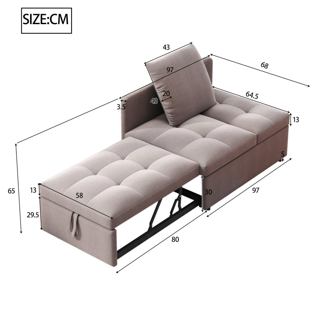 SCHLAFSOFA aus Leinenstoff 177x68x65 cm Grau 3-in-1 mit 5-fach verstellbarer Rückenlehne - Grau, Textil (177/65/68cm) - Modfu