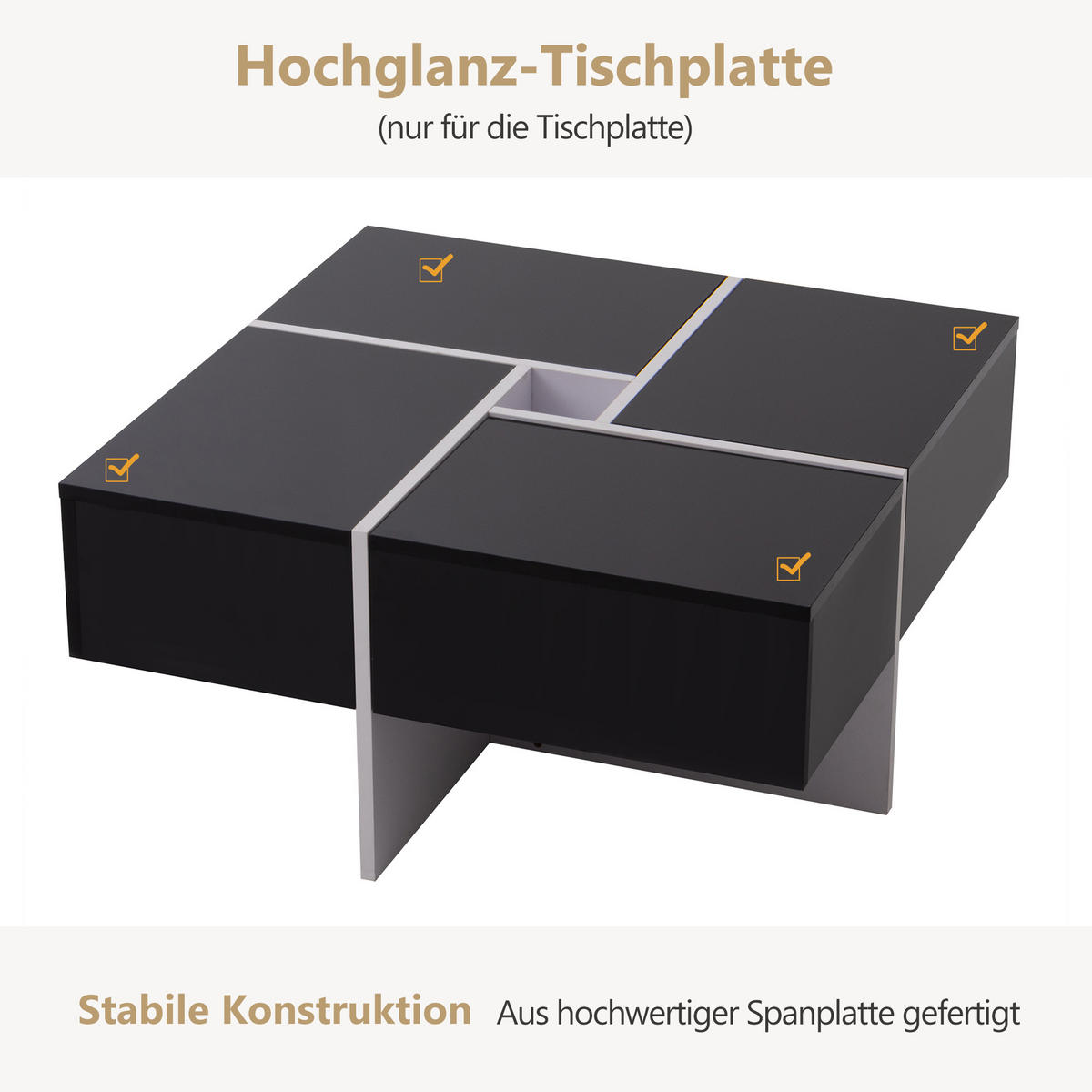 COUCHTISCH Hochglanz Oberfläche Schwarz Weiß mit 4 Schubladen und offenem Stauraum - Schwarz, Holzwerkstoff/Metall (70/70/35cm) - Urban Meuble