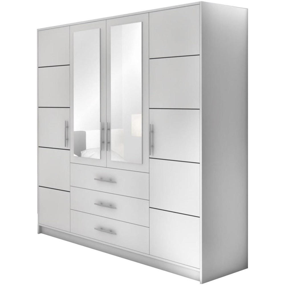 DREHTÜRENSCHRANK Balid 4-Türen, mit 3 Schubladen und Spiegel, Weiß - Weiß, Holzwerkstoff (196/200/58cm) - Beautysofa