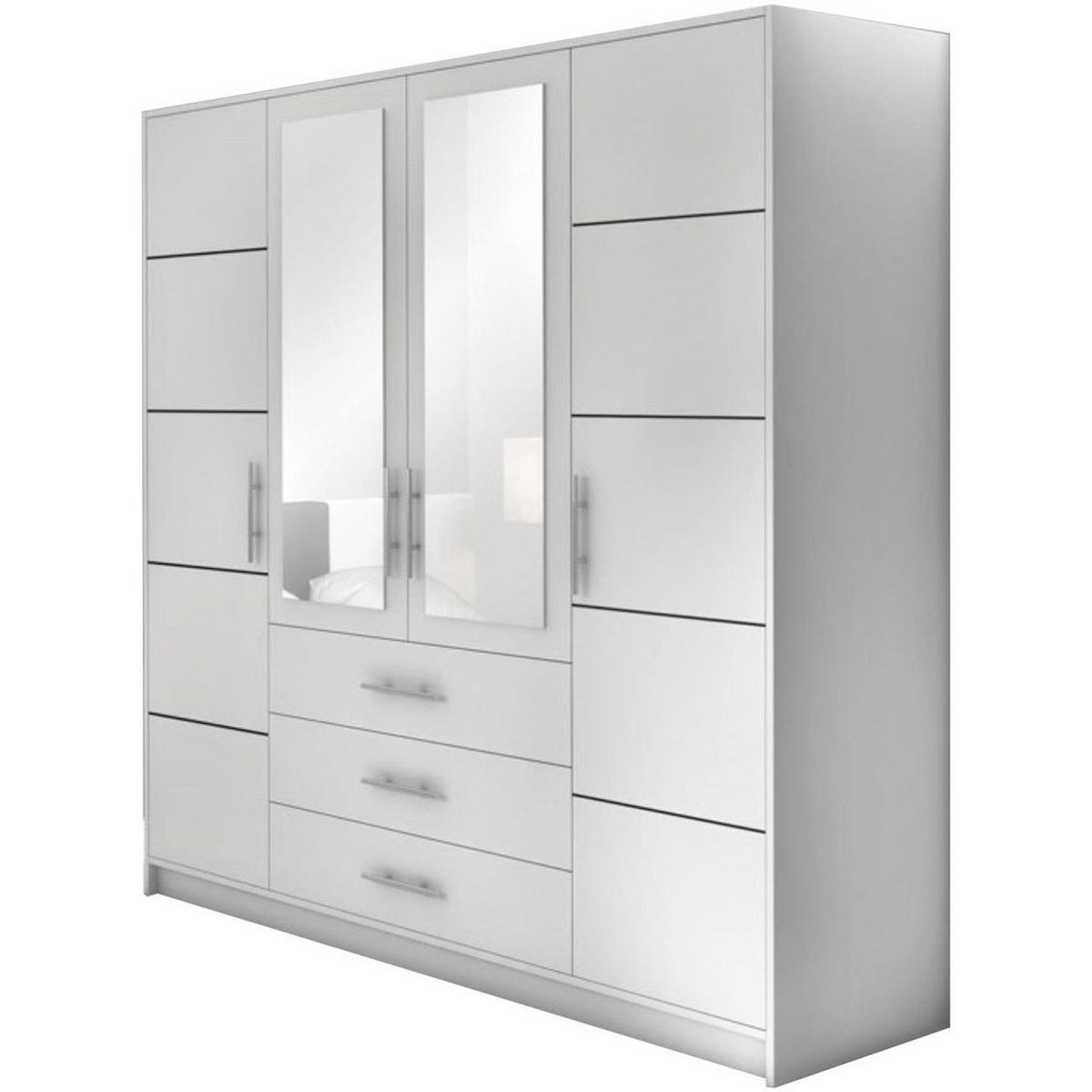 DREHTÜRENSCHRANK Balid 4-Türen, mit 3 Schubladen und Spiegel, Weiß - Weiß, Holzwerkstoff (196/200/58cm) - Beautysofa