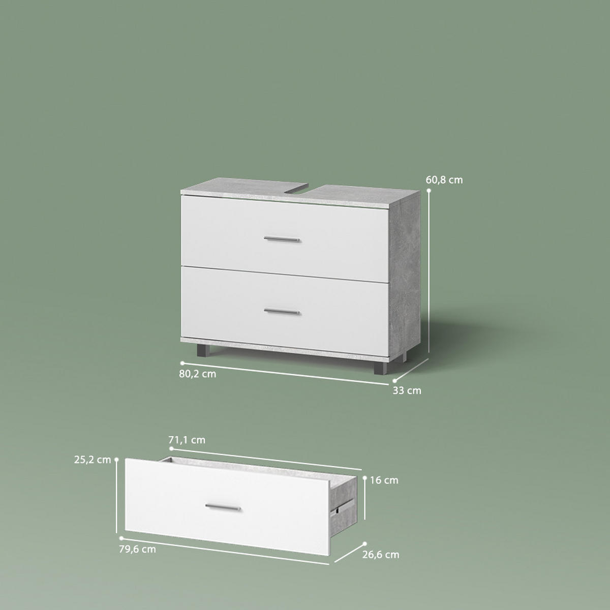 WASCHBECKENUNTERSCHRANK Eisak Beton/Weiß 80 x 60.8 cm - Weiß/Grau, Holzwerkstoff (80/60.8/33cm) - Livinity®