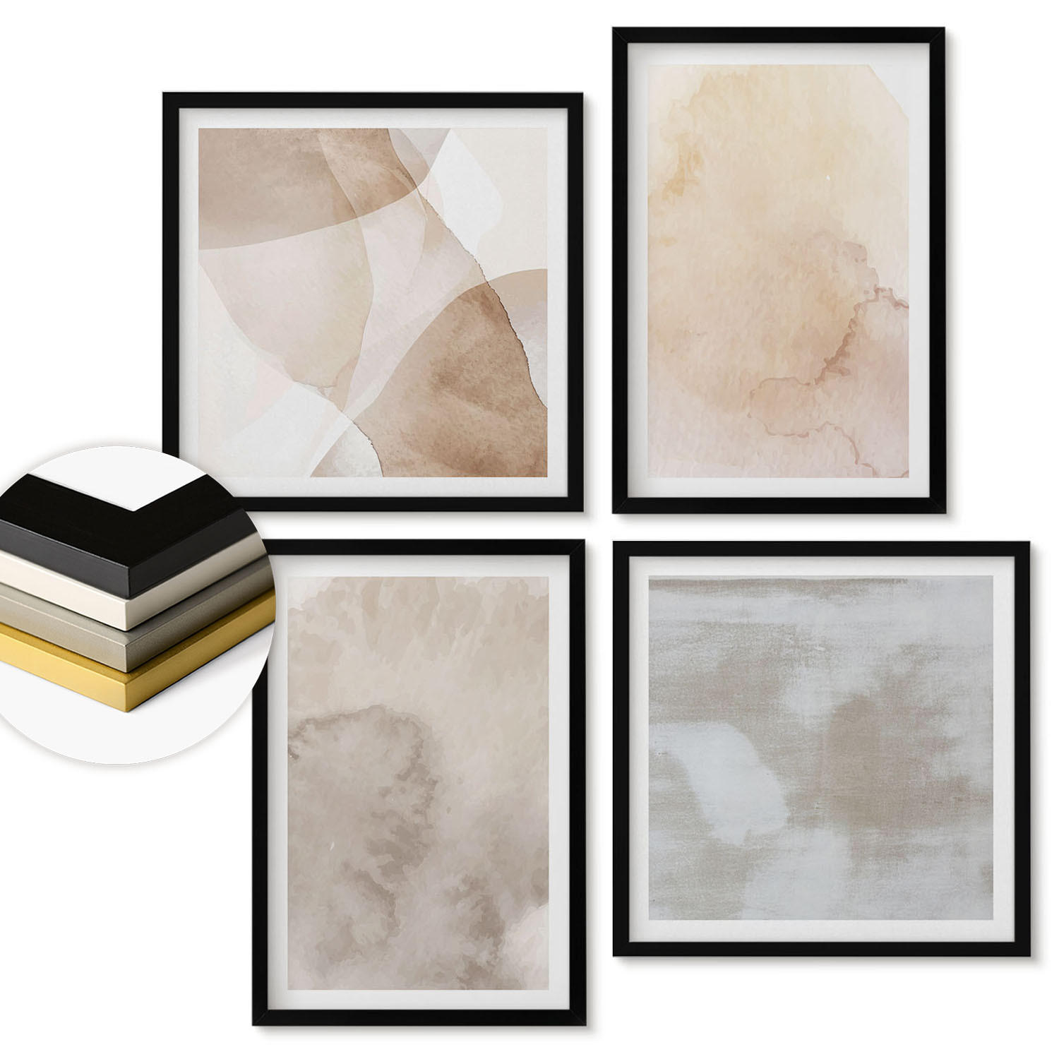 WANDBILDER 4er-Set - 50x50 cm & 40x60 cm Schwarzer Rahmen - Warme Aquarell-Pastelltexturen - Schwarz, Kunststoff (50/50cm) - ArtPrintCave
