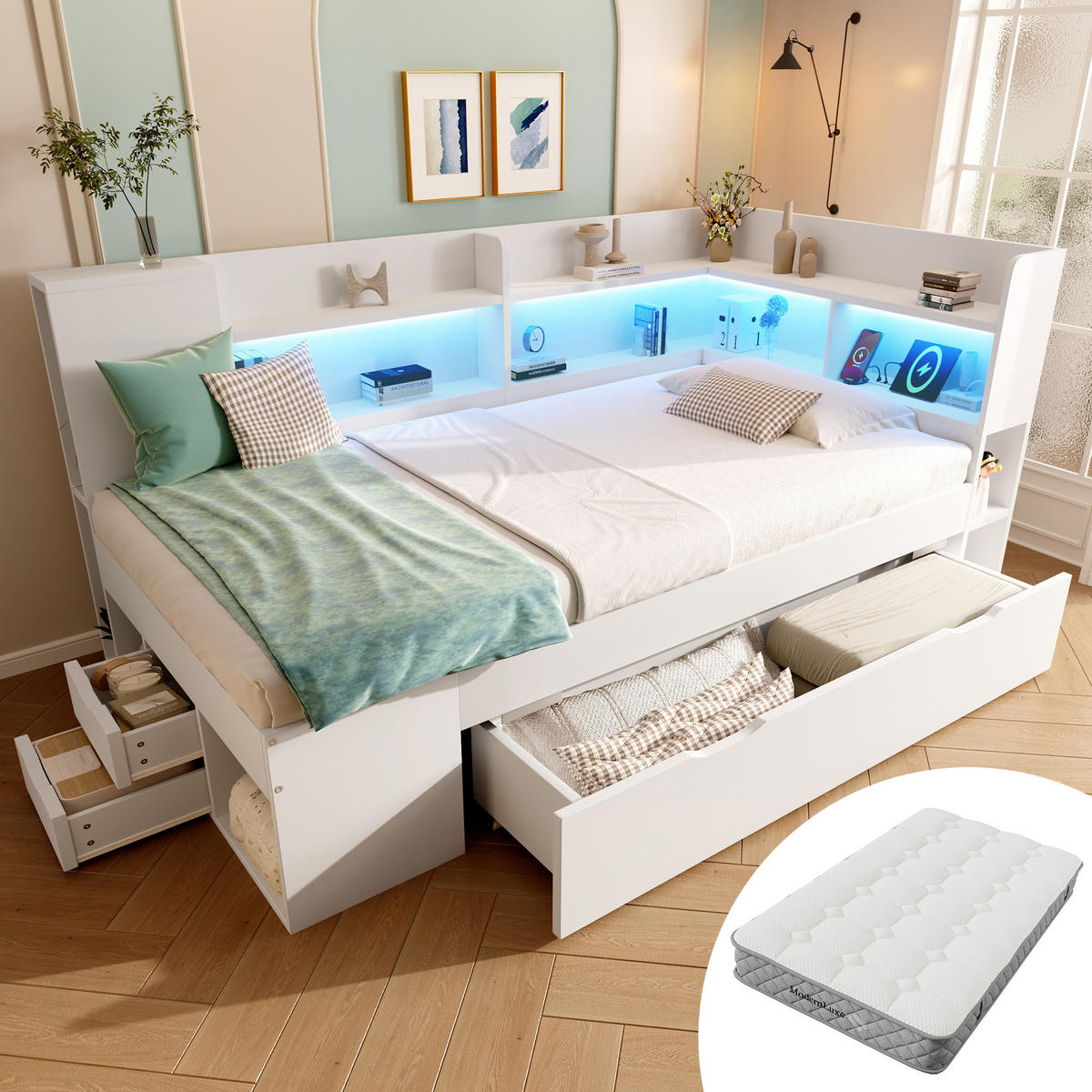 POLSTERBETT 90x200 cm in Weiß mit LED-Beleuchtung & Matratze - Weiß, Holzwerkstoff (90/200cm) - Modfu